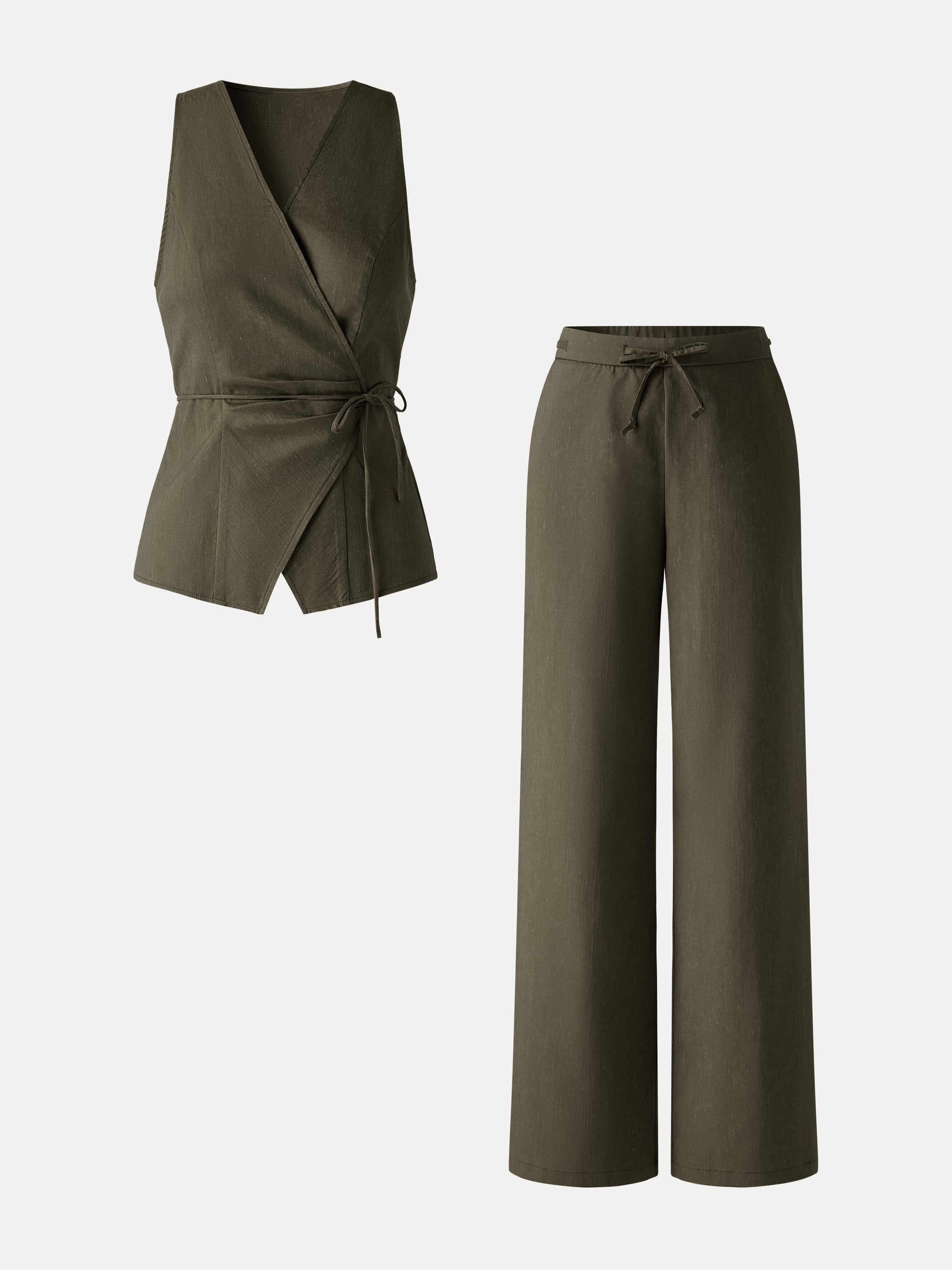 OGLmove 2Pcs Wrap Top and Wide Leg Pant Set with Pockets