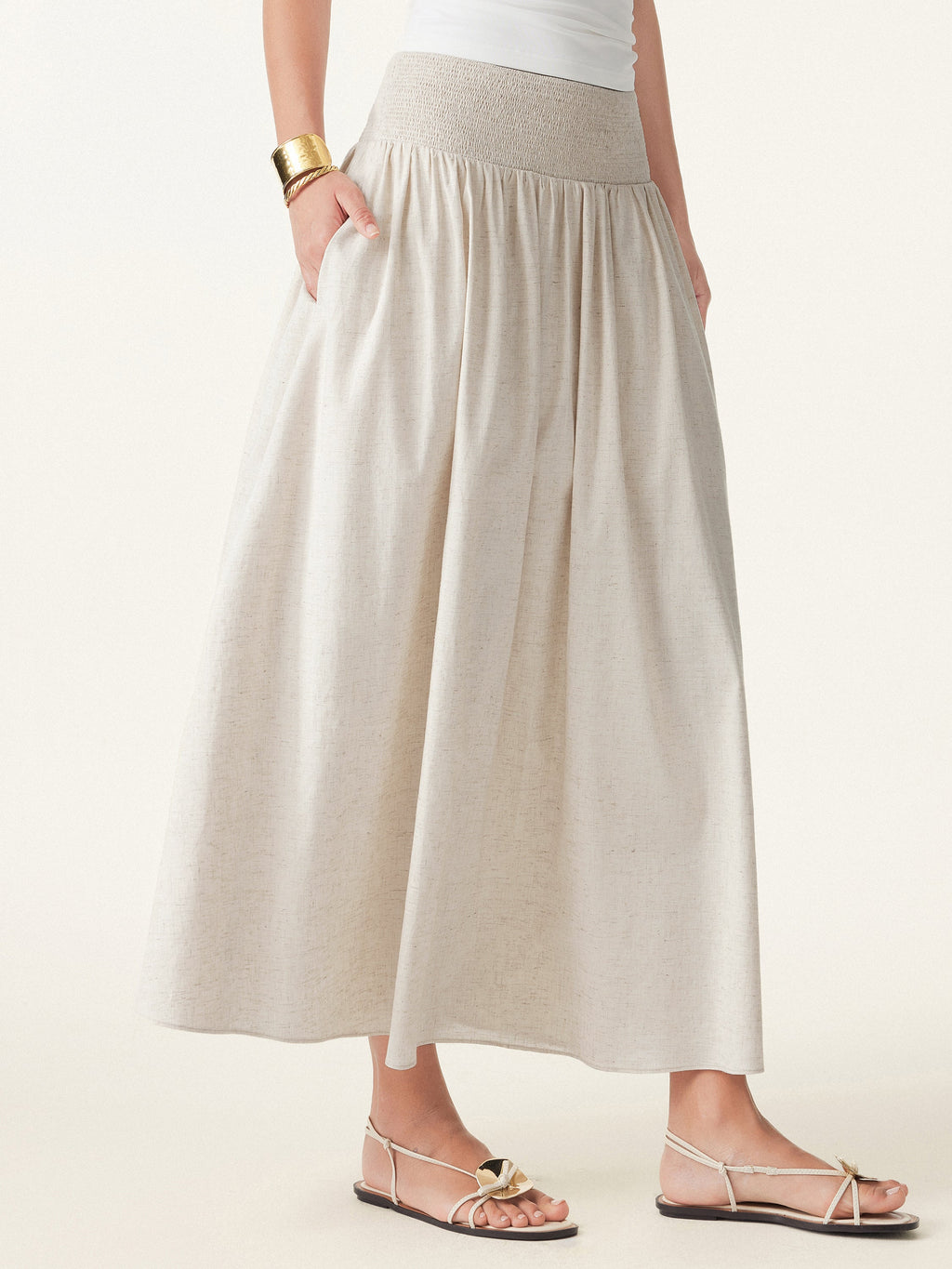 OGLmove European Linen Smocked Waist Skirt With Pockets