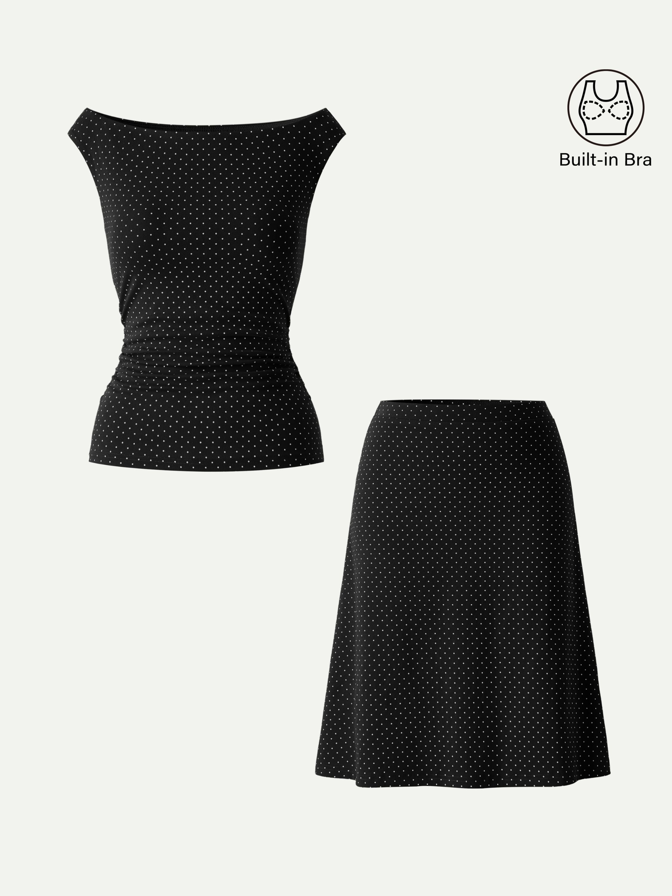 OGLmove Polka Dot Boatneck Bra Top & A-Line Flare Skirt Set