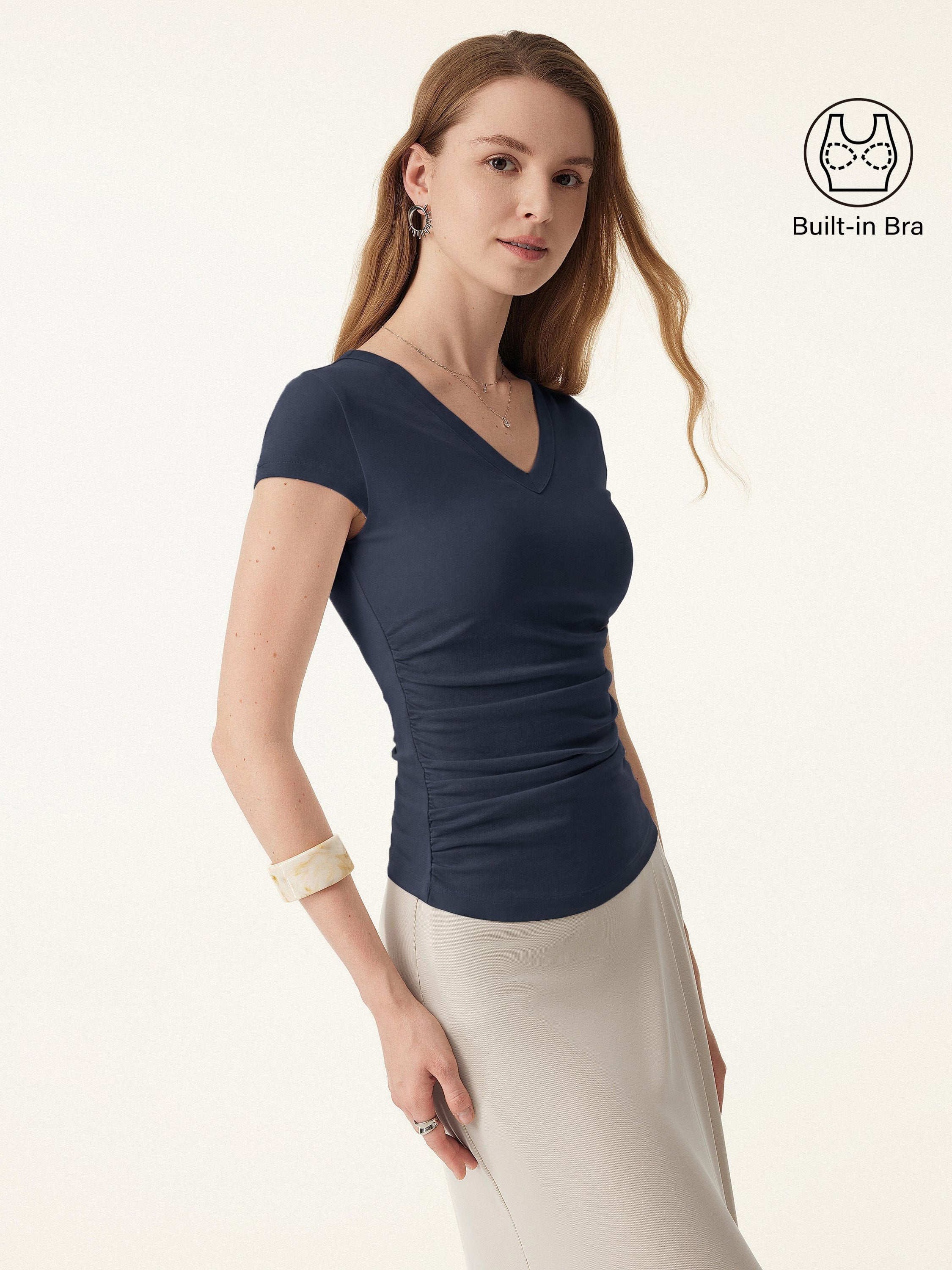OGLmove Women's V-Neck Side Ruched Cap Sleeve Bra Tee