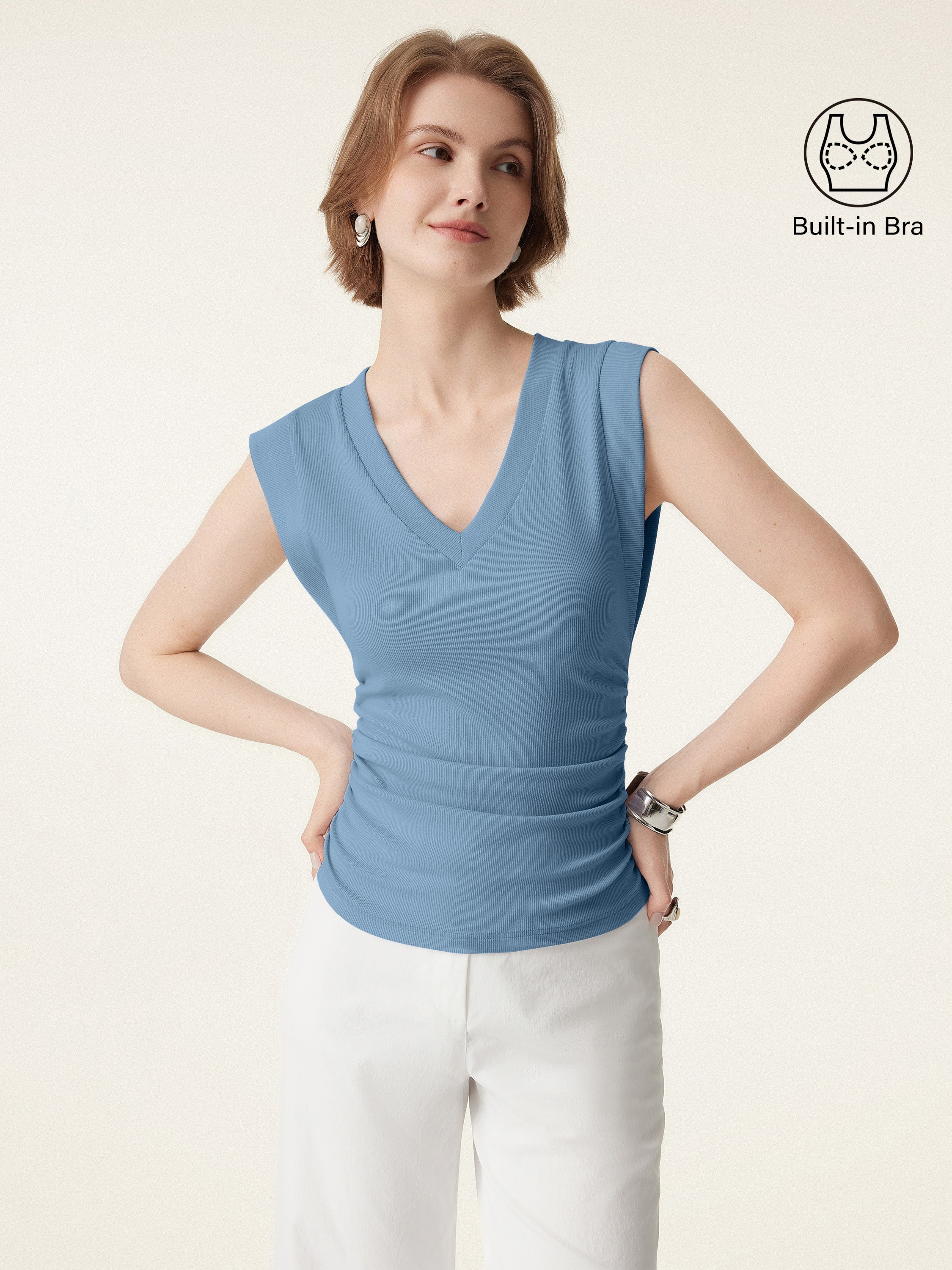 OGLmove Stretch Cotton V-Neck Side Ruched Muscle Bra Top