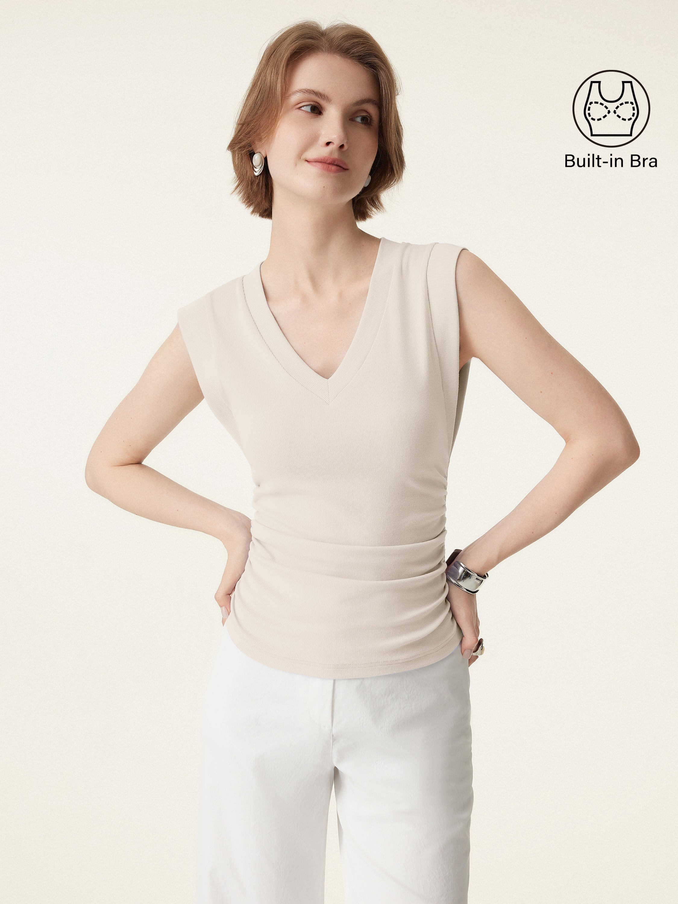 OGLmove Stretch Cotton V-Neck Side Ruched Muscle Bra Top