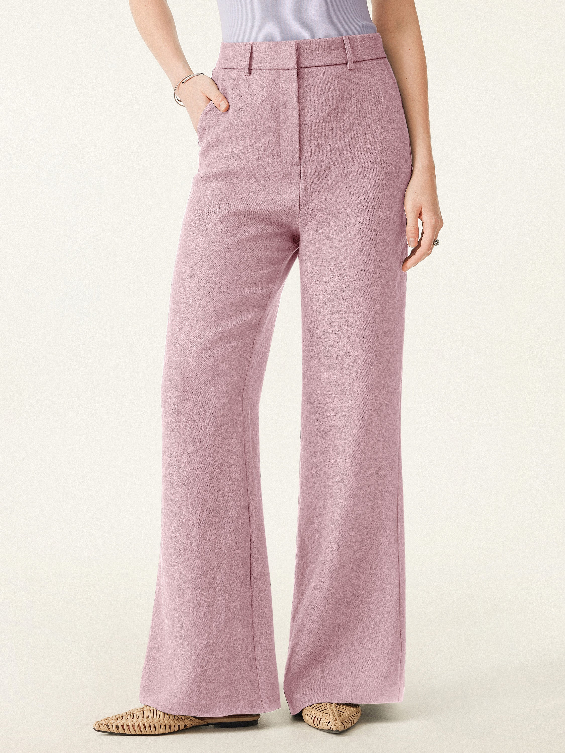 OGLmove European Linen Mid Rise Flared Pant with Pockets