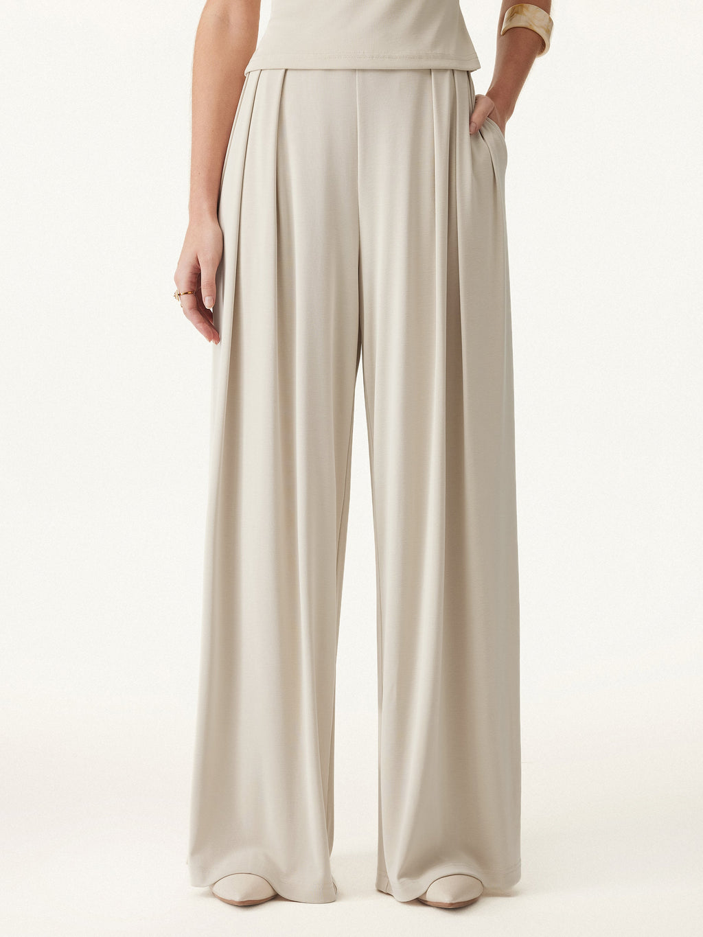 OGLmove Sandwashed Mid Rise Pleated Wide Leg Palazzo Pant with Pockets