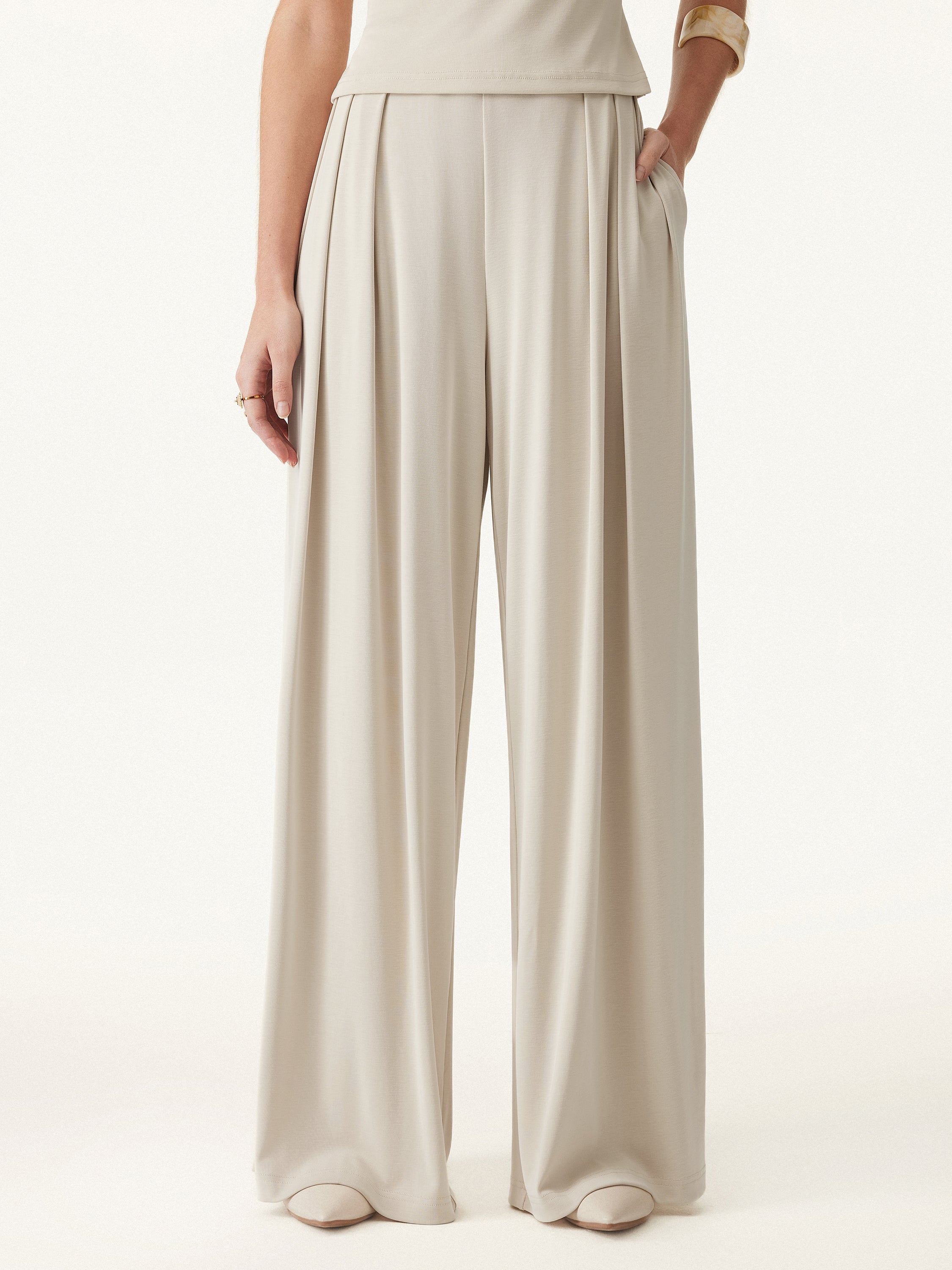 OGLmove Sandwashed Mid Rise Pleated Wide Leg Palazzo Pant with Pockets