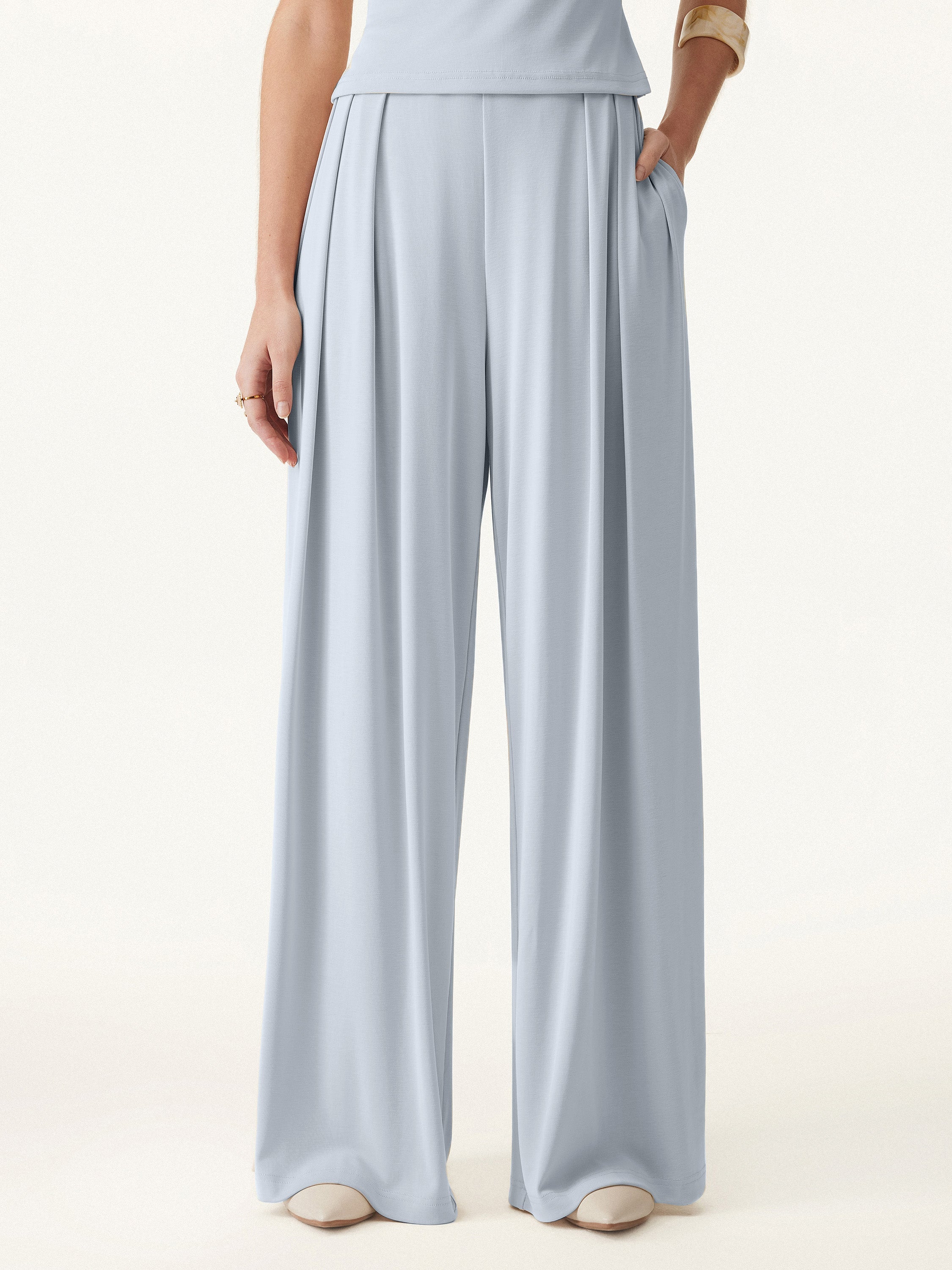 OGLmove Sandwashed Mid Rise Pleated Wide Leg Palazzo Pant with Pockets