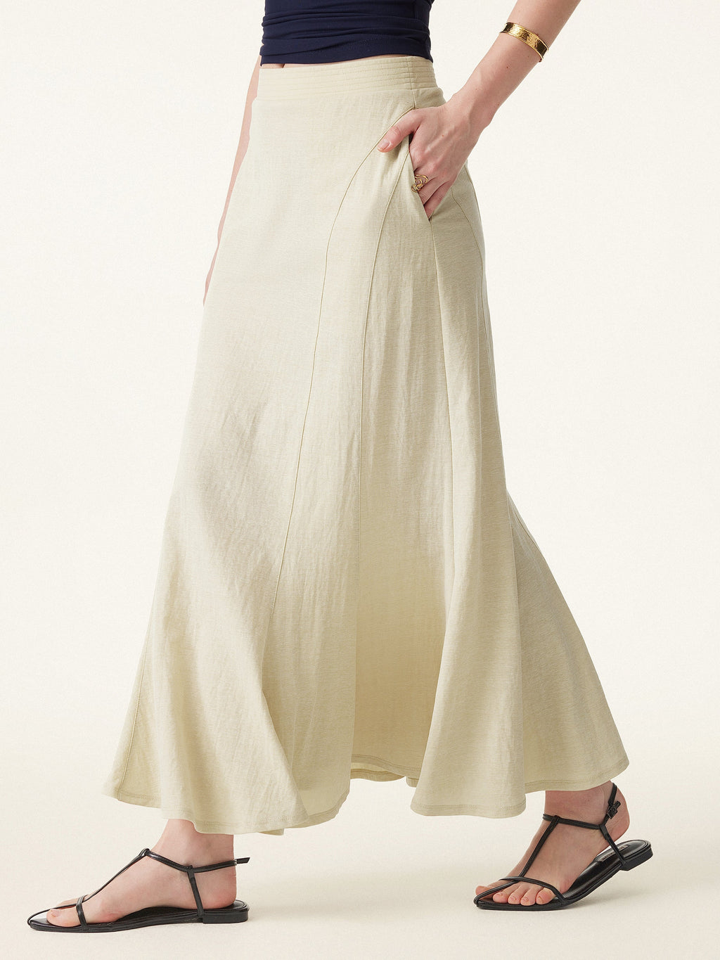 OGLmove Wrinkle-Resistant Cotton-Linen Pull-On Midi Skirt
