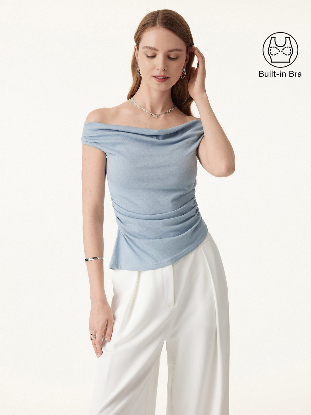 OGLmove Off Shoulder Cotton-Linen Gathered Airy Bra Tank