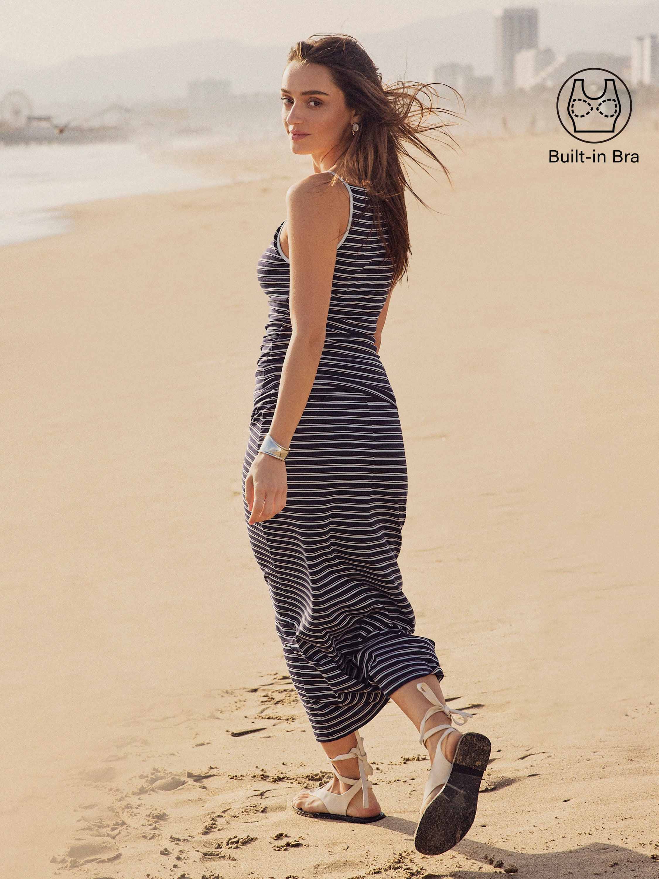 OGLmove Striped Spaghetti Bra Top & Low Rise Midi Skirt Set