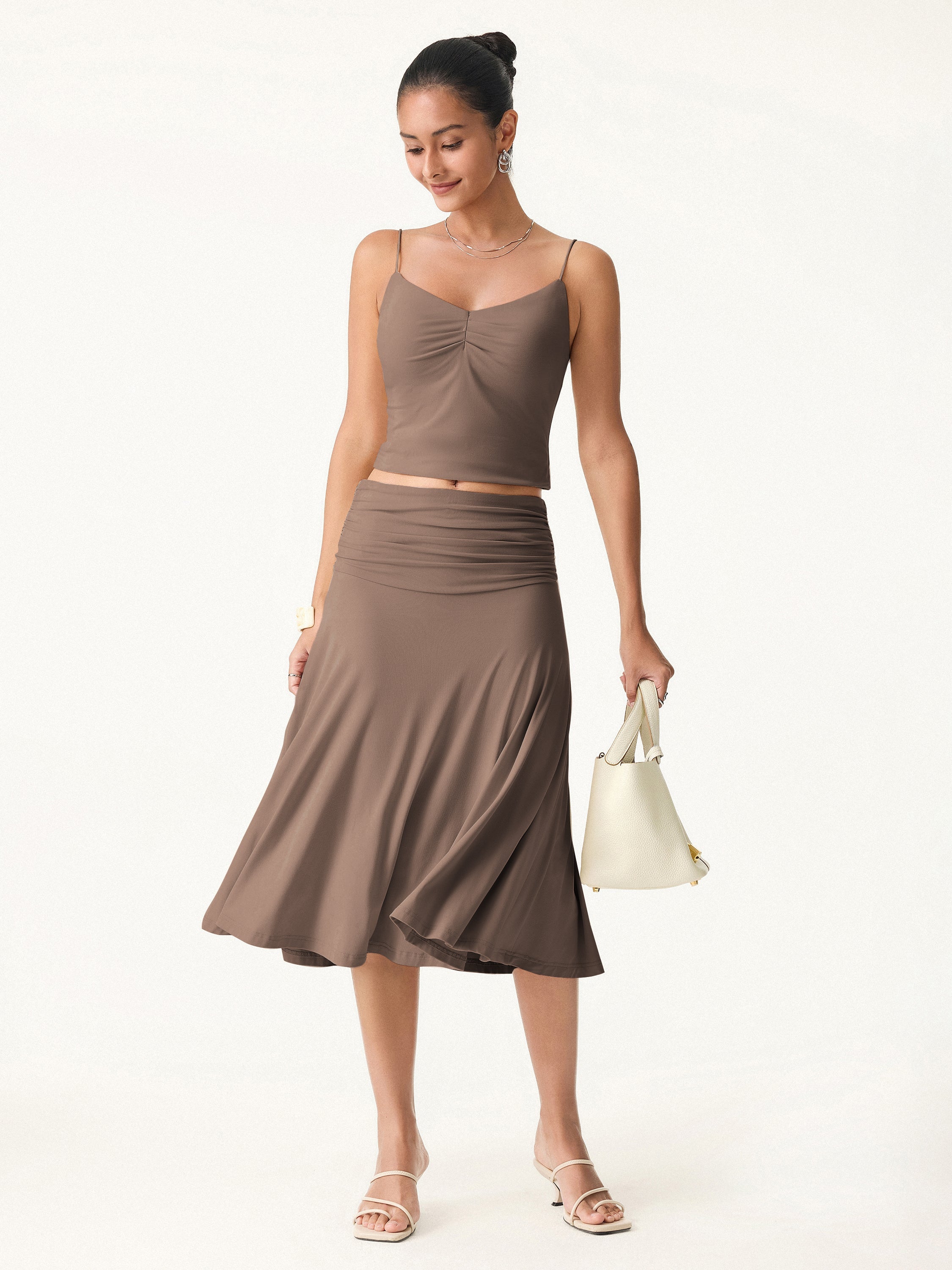 OGLmove Flowy Side Ruched A-Line Midi Skirt
