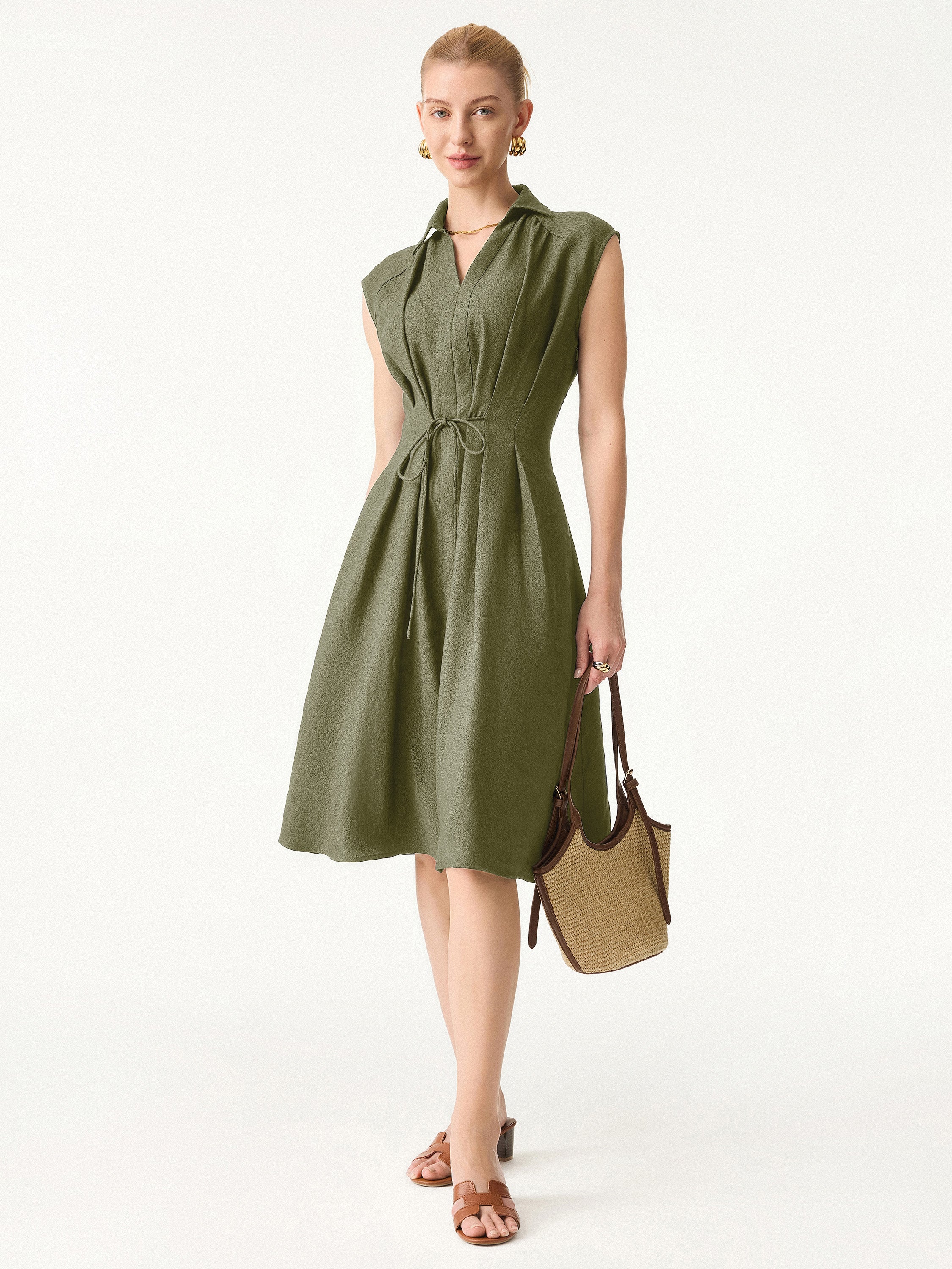OGLmove Viscose-Linen Collared V-Neck Midi Dress with Drawstring