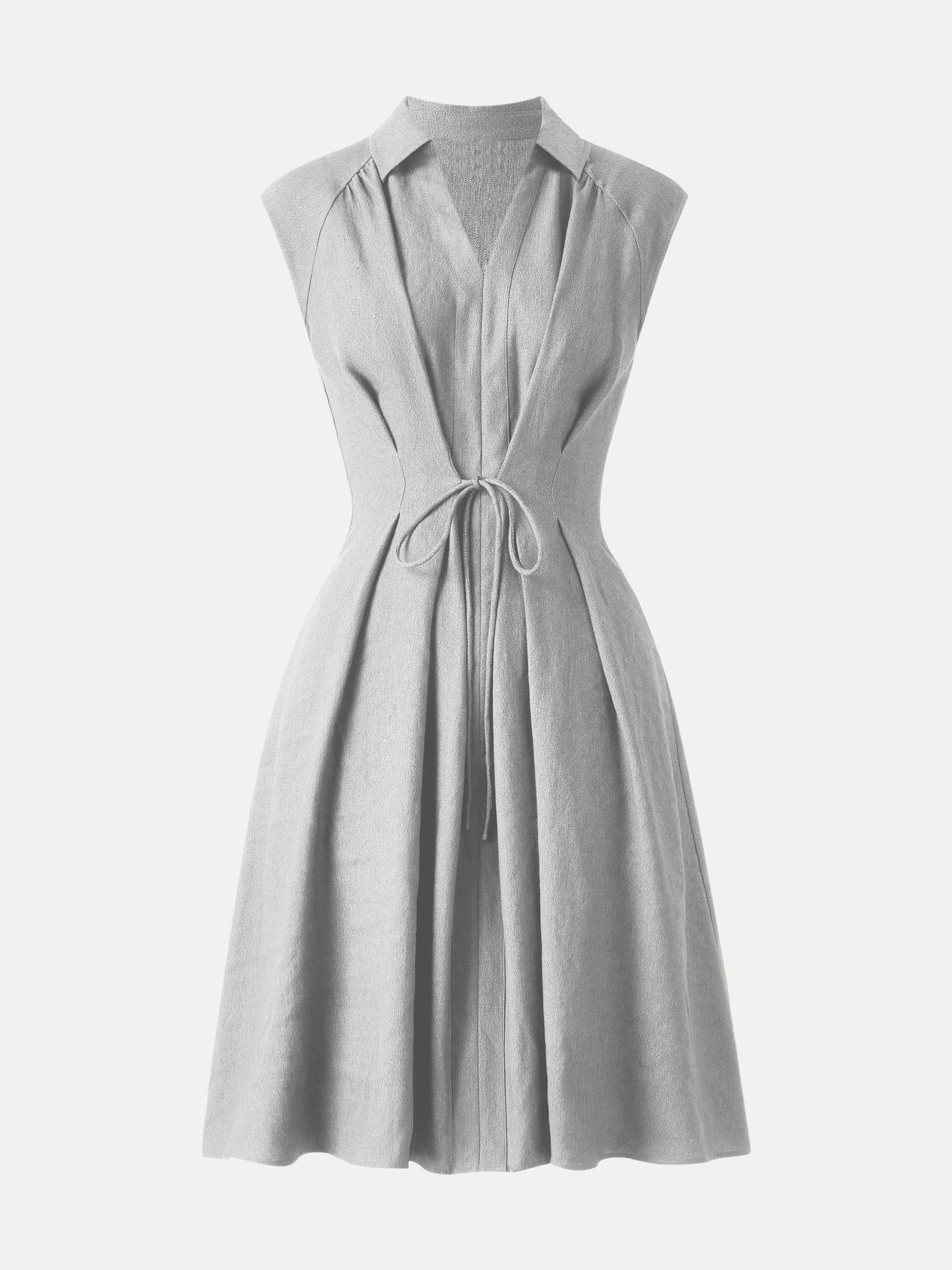 OGLmove Viscose-Linen Collared V-Neck Midi Dress with Drawstring
