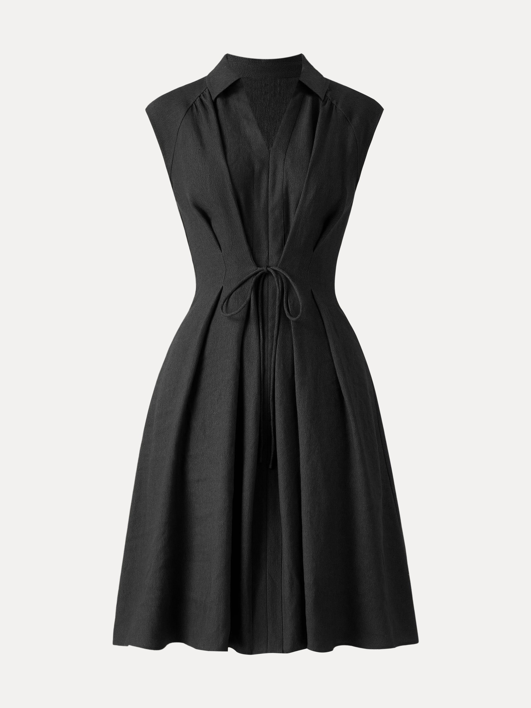 OGLmove Viscose-Linen Collared V-Neck Midi Dress with Drawstring