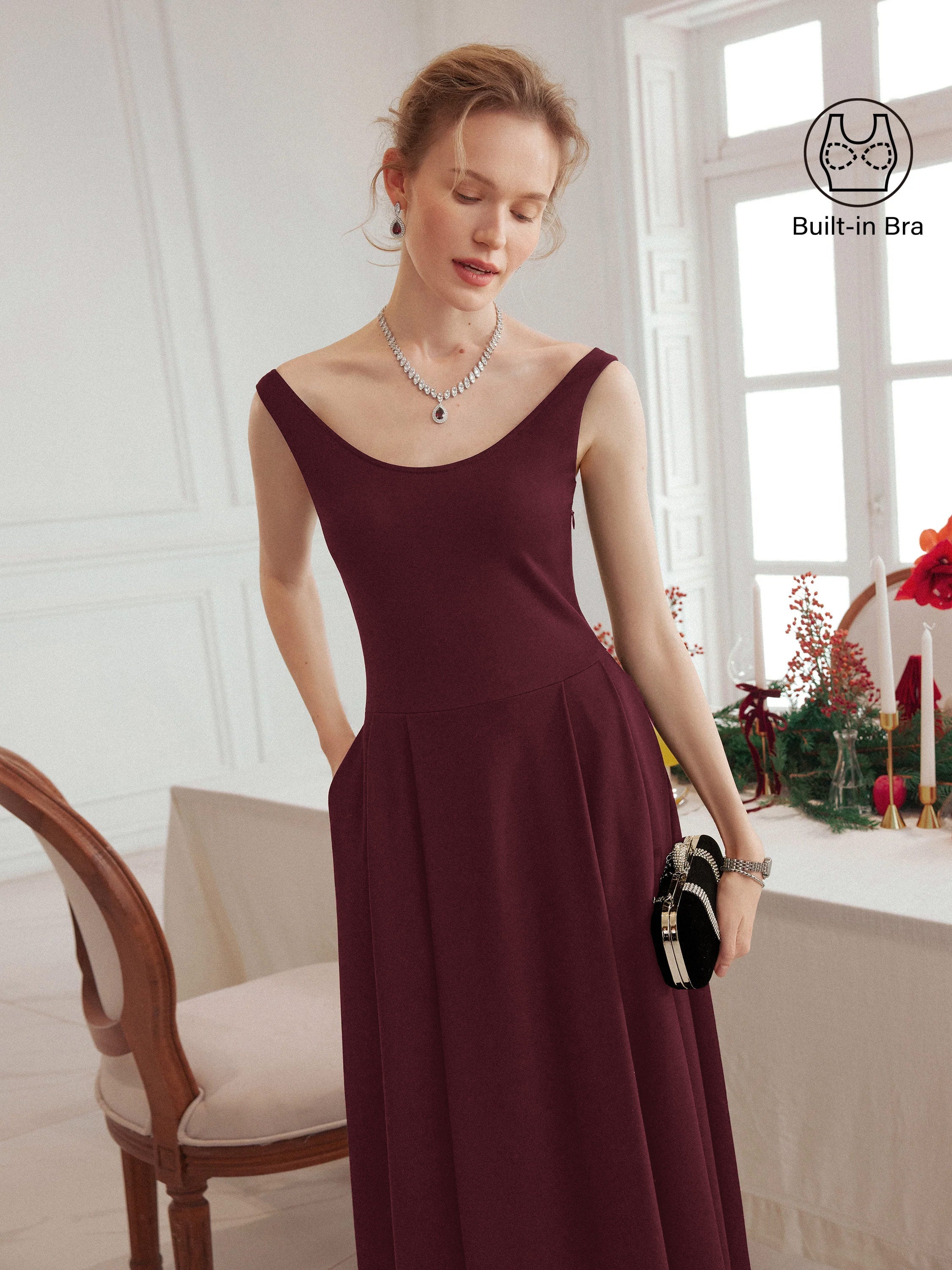 OGLmove Women's Scoop Neck Midi Bra Dress with Pockets