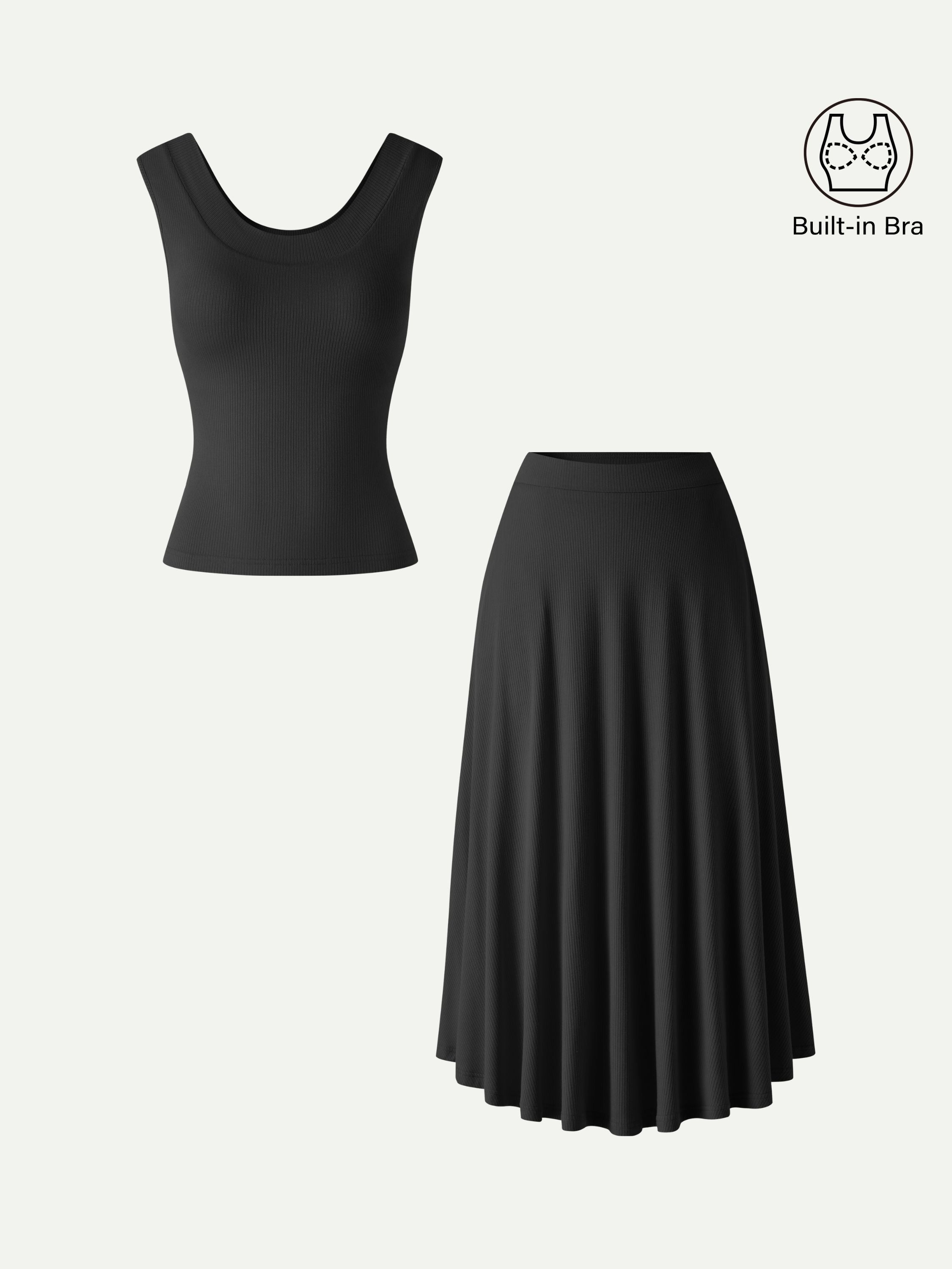 OGLmove U-Neck Bra Tank & Midi Skirt Set with Pockets