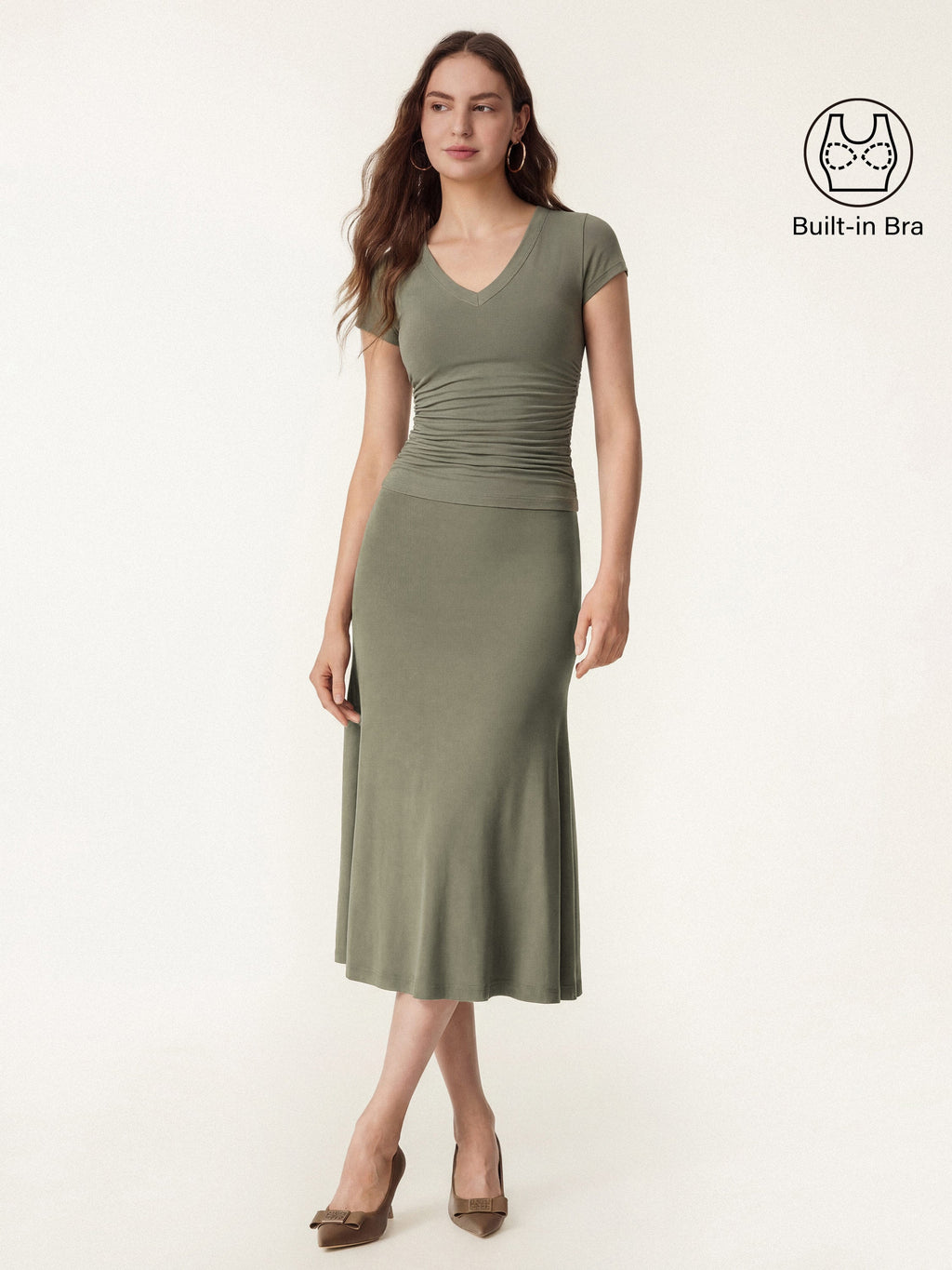 OGLmove Women's V-Neck Cap Sleeve Bra Tee & Pull-On Mermaid Midi Skirt 2Pcs Set
