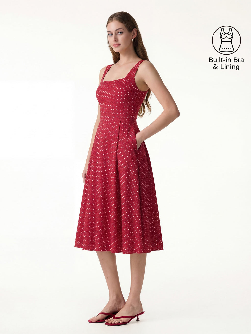 OGLmove Women's Stretch Cotton Square Neck Midi Bra Dress with Pockets