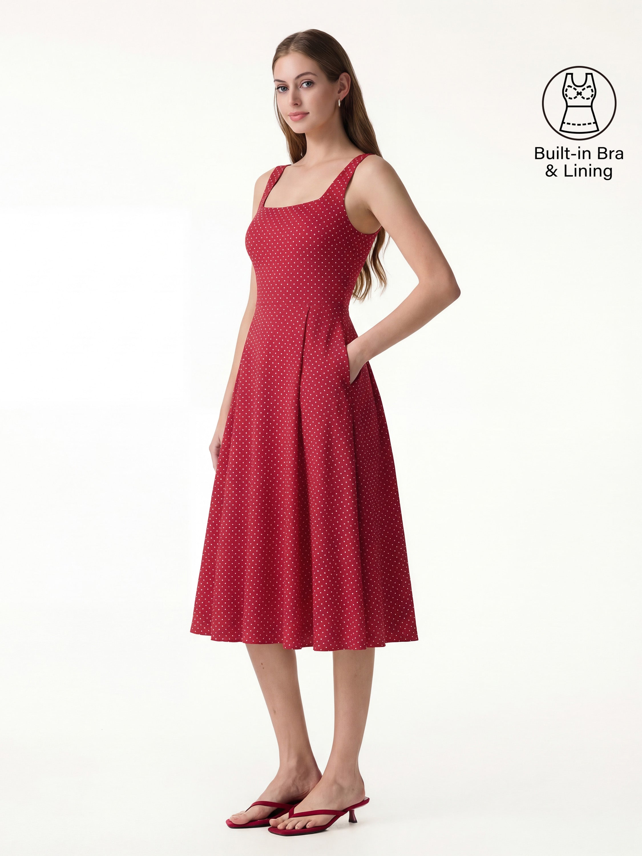 OGLmove Women's Stretch Cotton Square Neck Midi Bra Dress with Pockets
