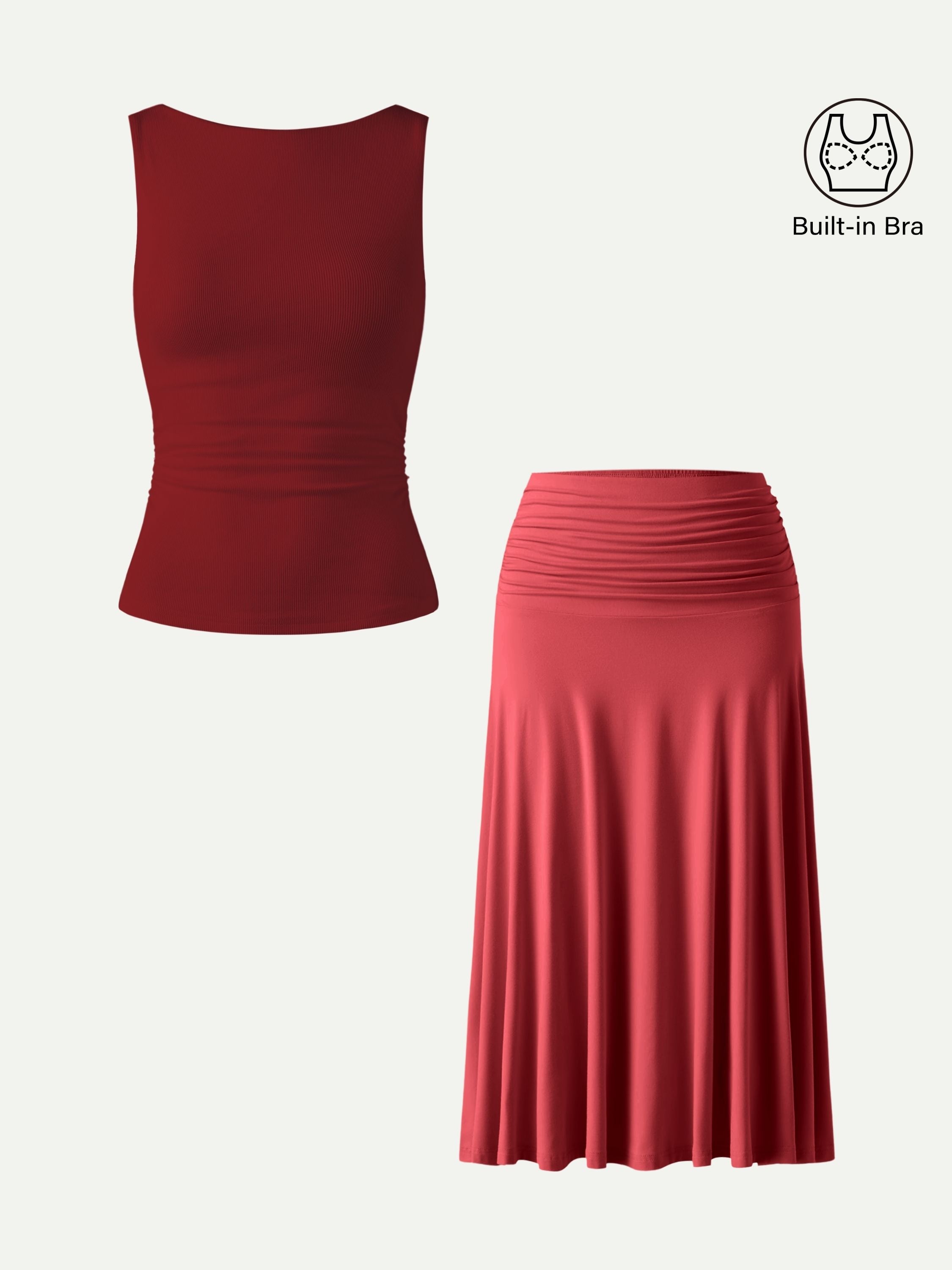 OGLmove Open Back Bra Tank & Side Ruched A-Line Midi Skirt Set