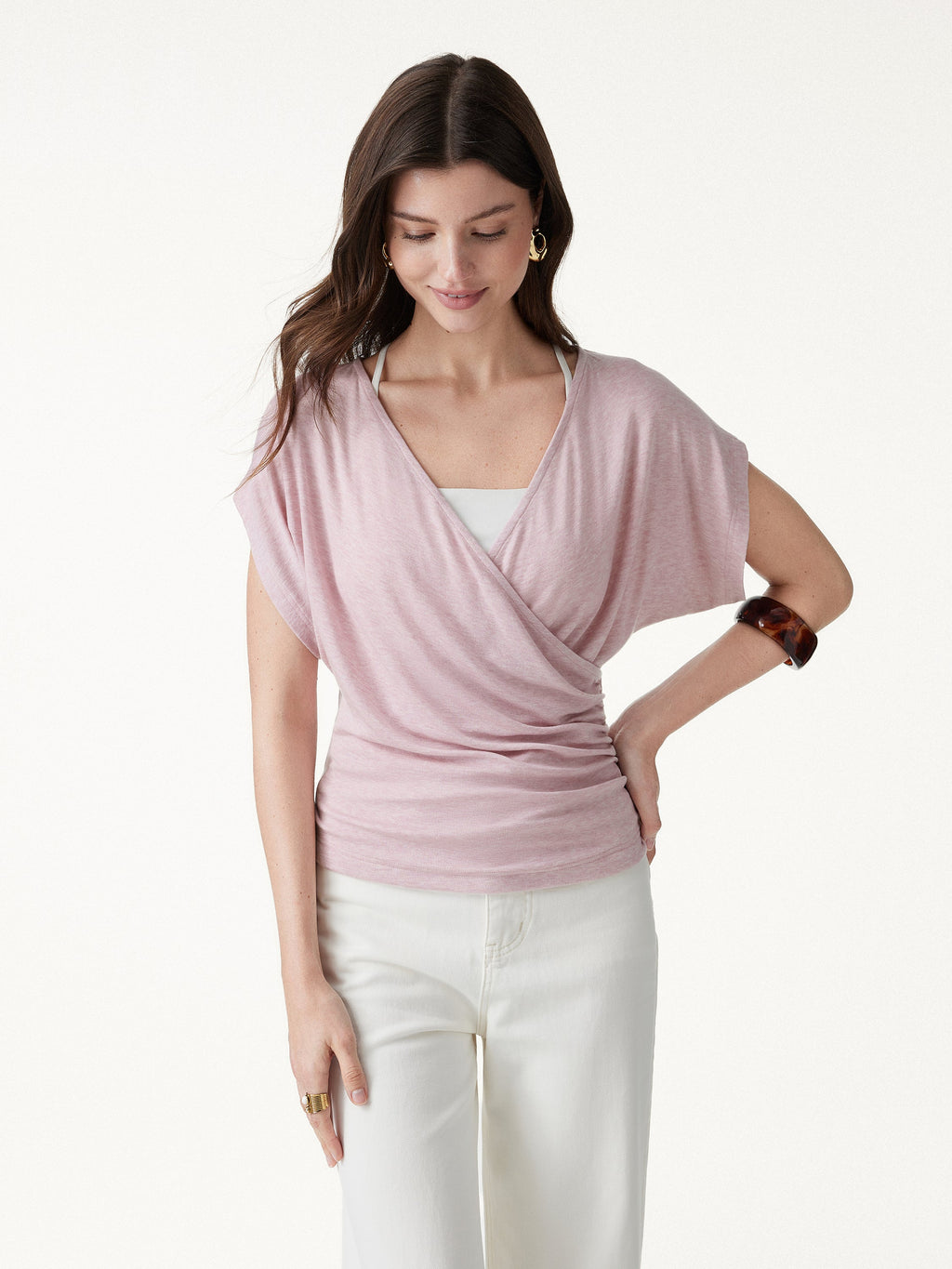 OGLmove Lyocell Blend Ruched Surplice Short Sleeve Top