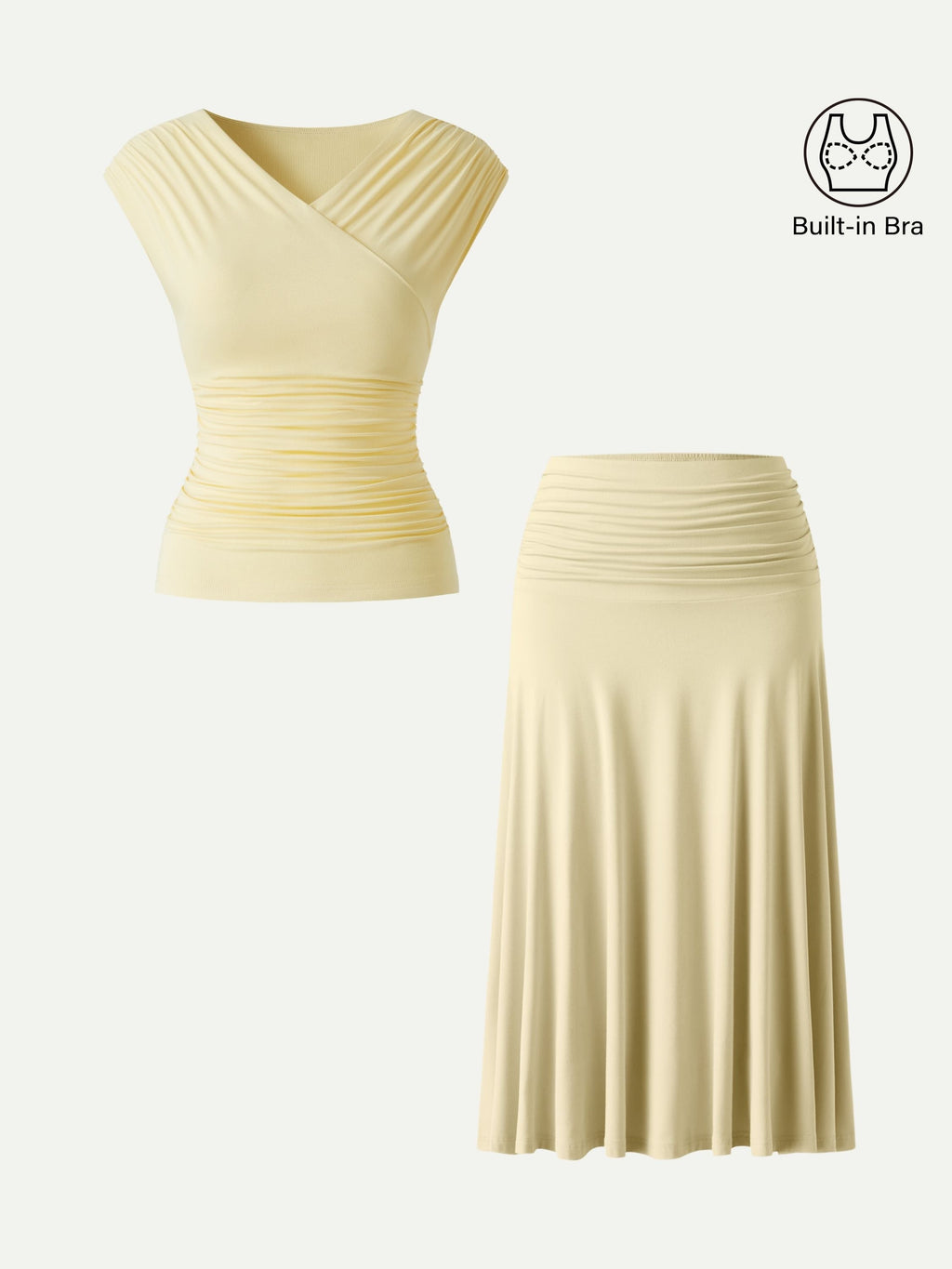OGLmove 2Pcs Set Surplice V-Neck Bra Top & Side Ruched A-line Midi Skirt