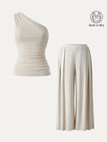 OGLmove 2Pcs Set Petite Wide Leg Palazzo Pant with Pockets & Ruched Bra Tank
