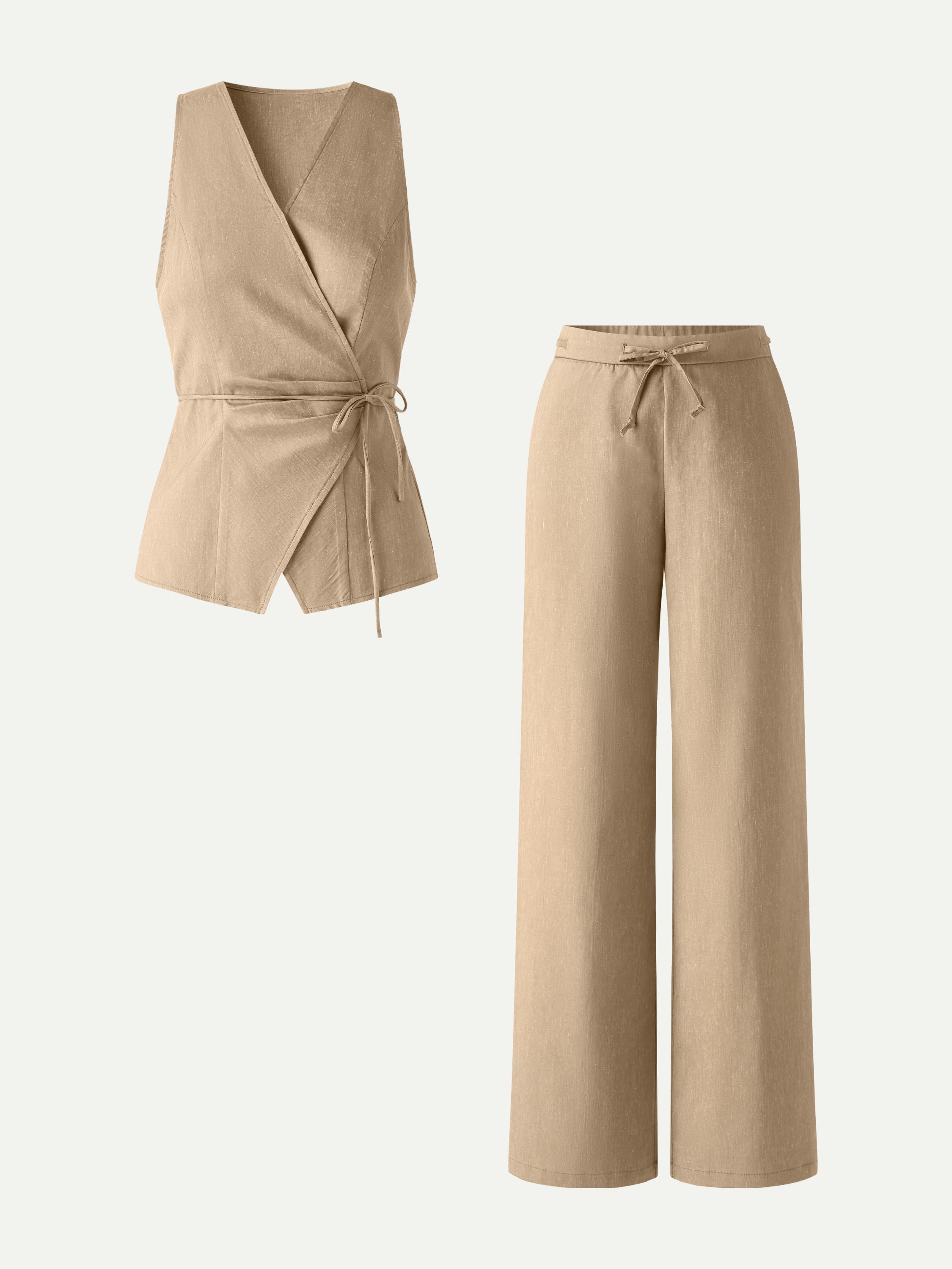 OGLmove 2Pcs Wrap Top and Wide Leg Pant Set with Pockets