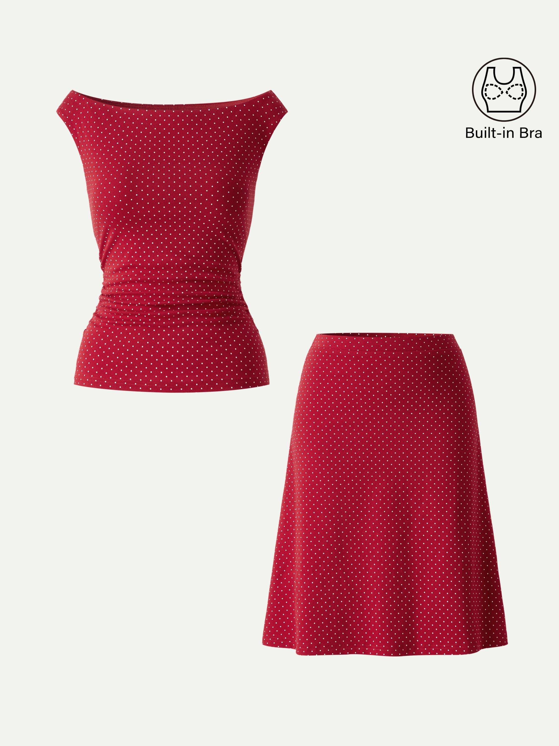 OGLmove Polka Dot Boatneck Bra Top & A-Line Flare Skirt Set