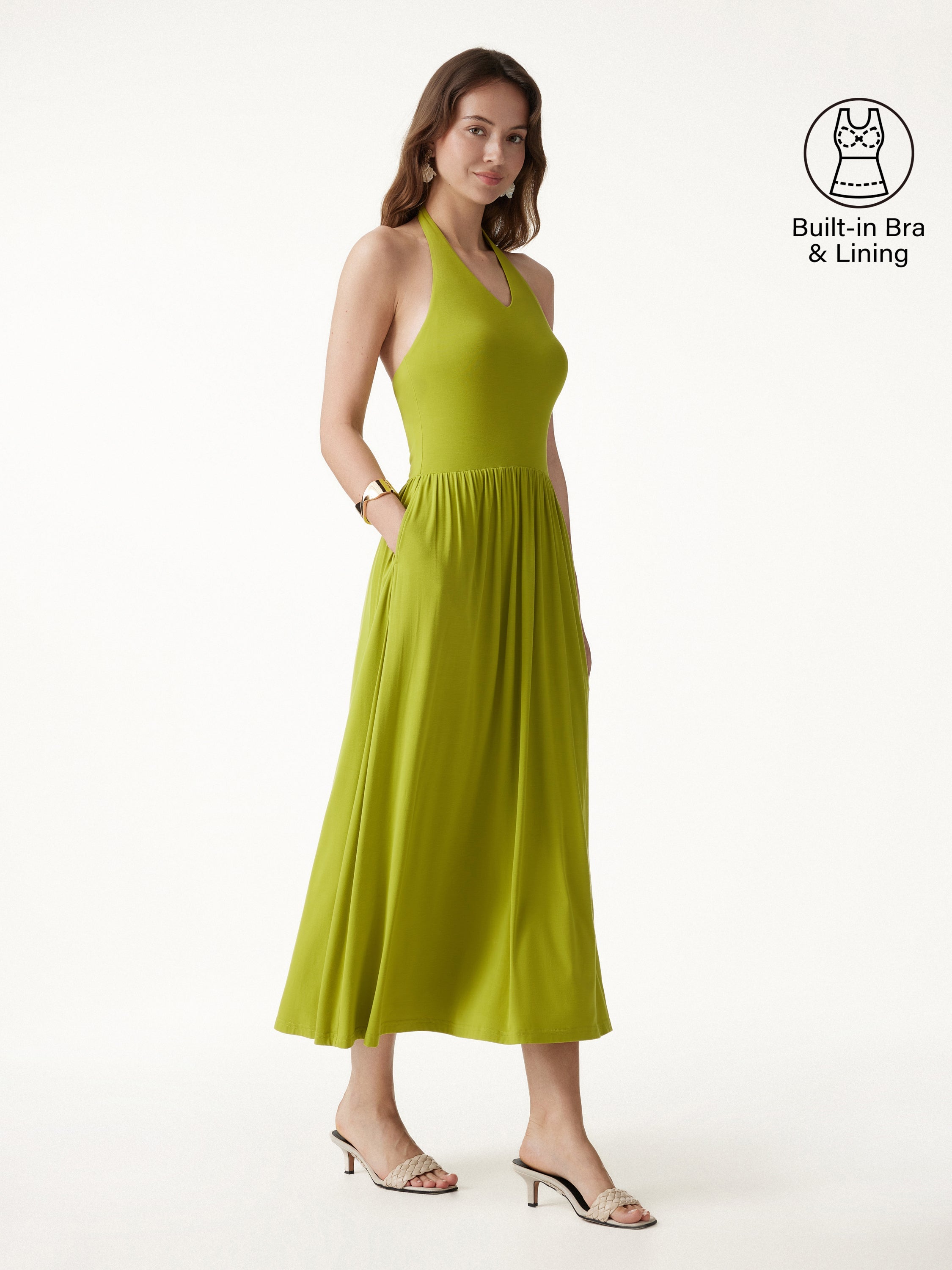 OGLmove SkinKiss Halter Ruched Midi Bra Dress with Pockets