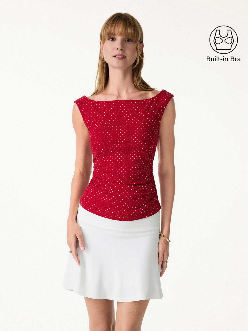 OGLmove Stretch Cotton Polka Dot Boatneck Ruched Bra Top