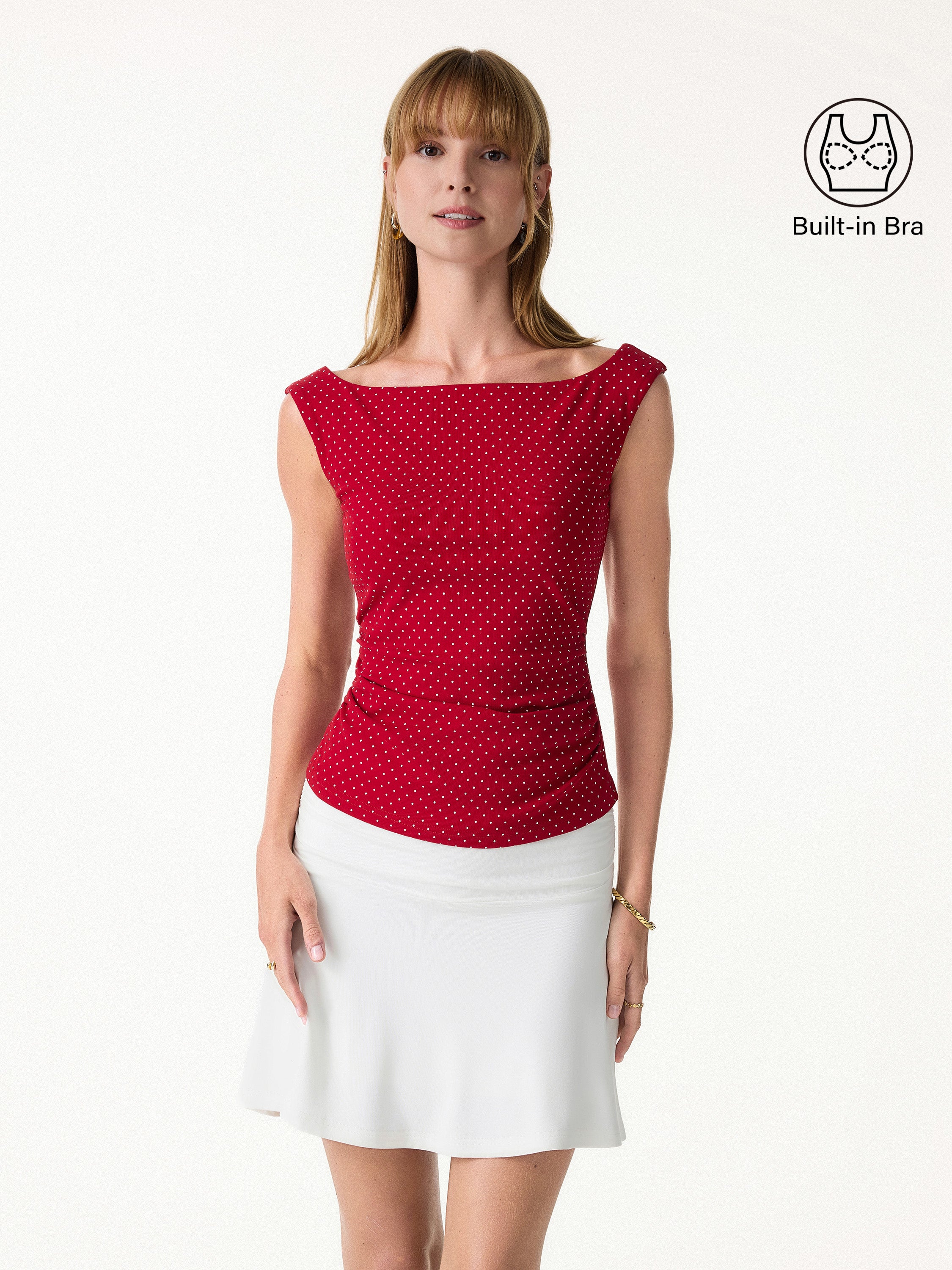OGLmove Stretch Cotton Polka Dot Boatneck Ruched Bra Top