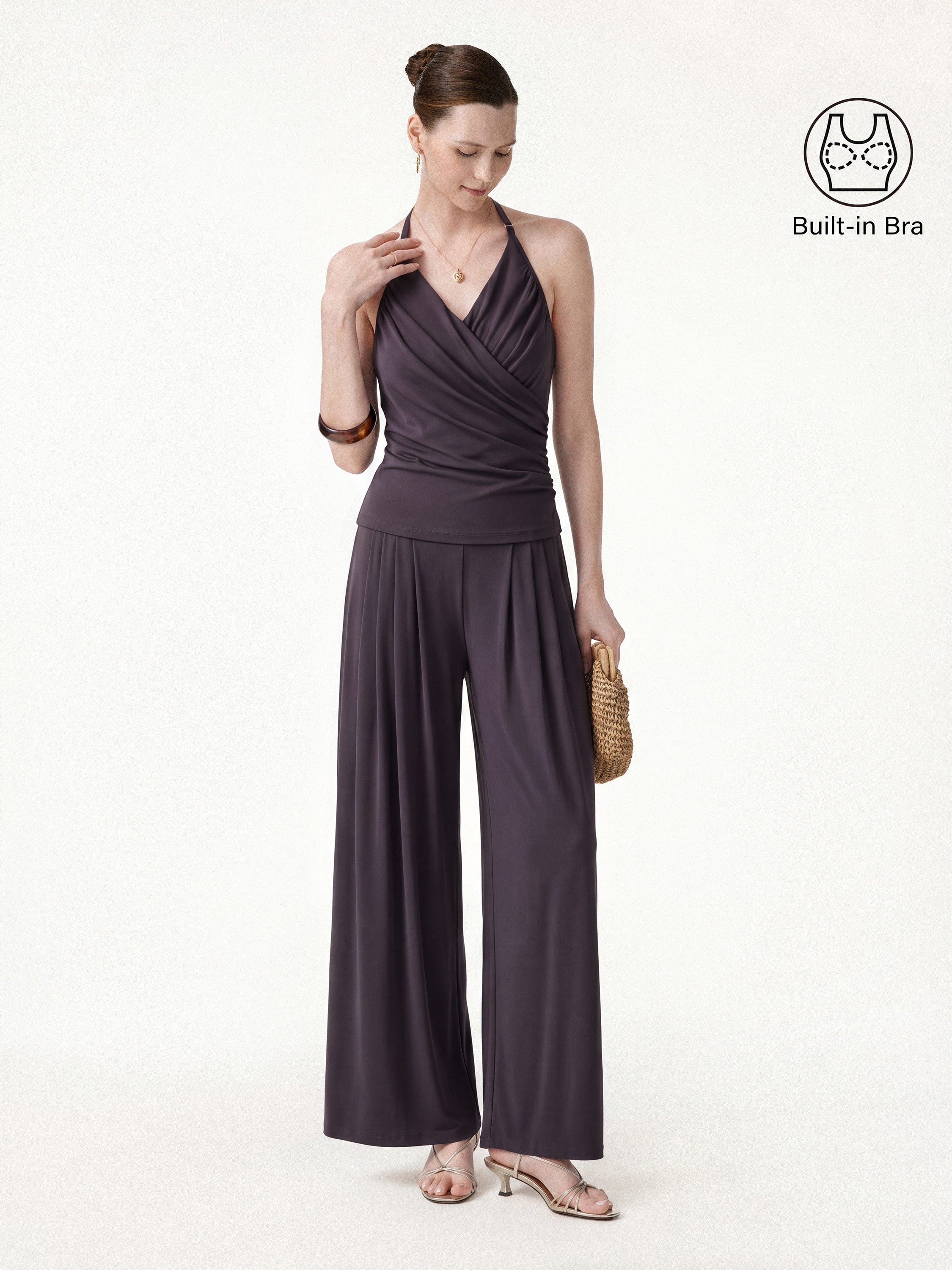 OGLmove Halter Neck Surplice Bra Top & Tucked Palazzo Pant Set with Pockets