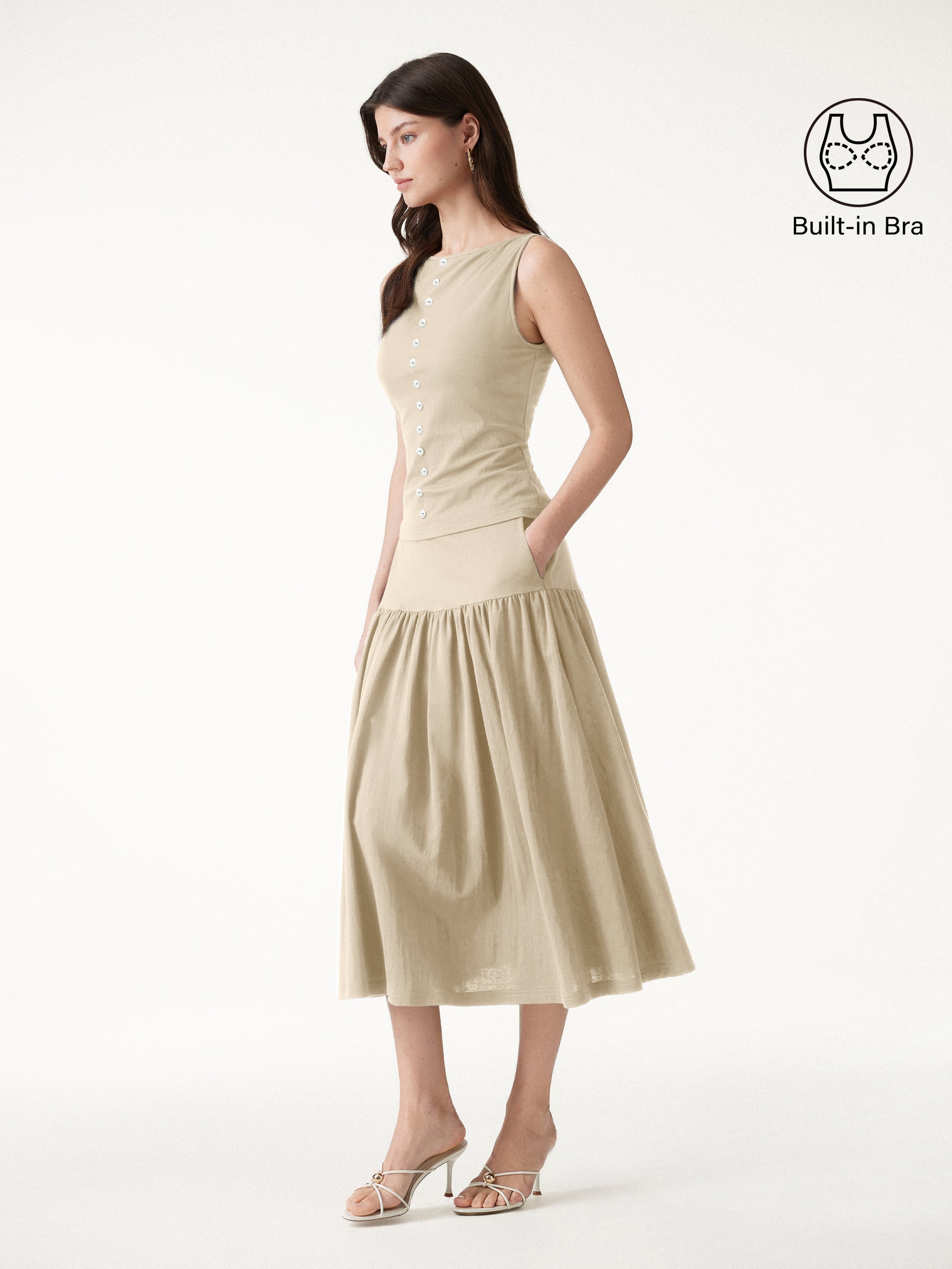OGLmove 2Pcs Set Cropped Bra Top & Midi Skirt with Pockets