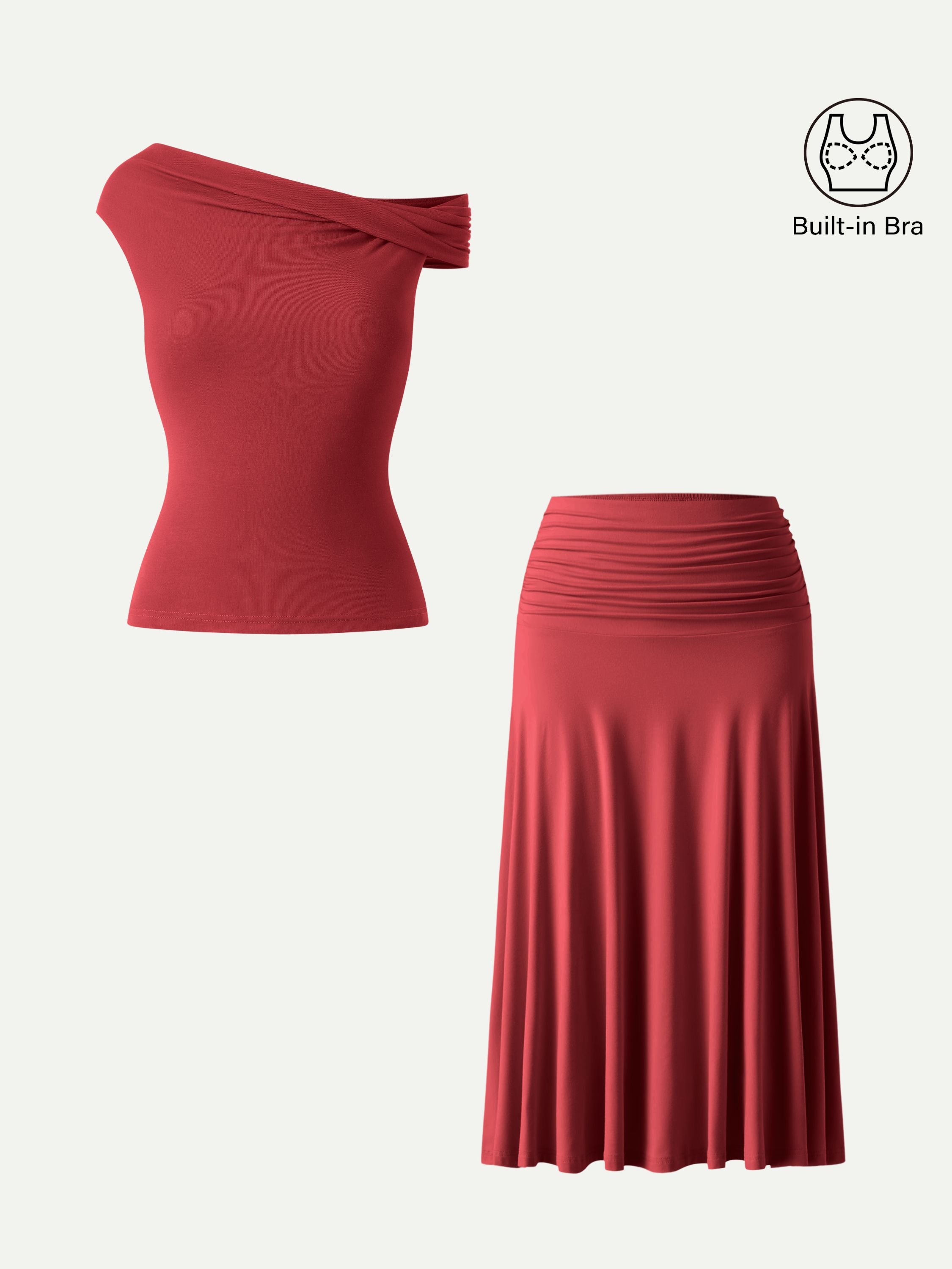 OGLmove Multi-wear Bra Top & Side Ruched Midi Skirt Set