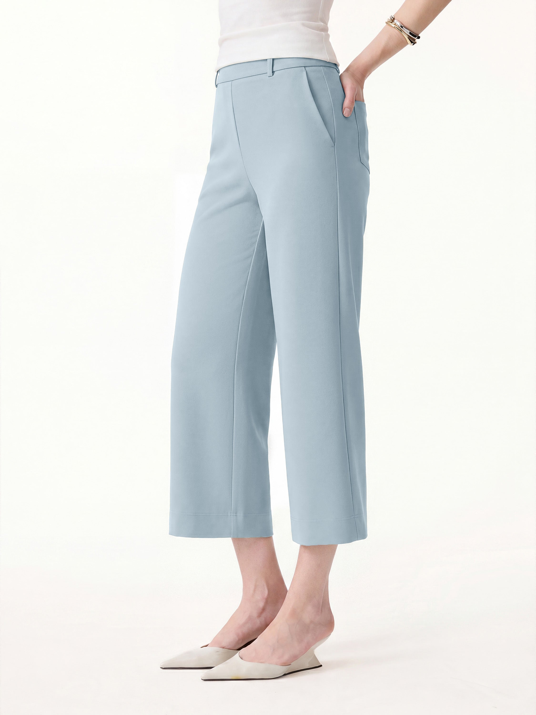 OGLmove Not-See-Thru Mid Rise Cropped Wide Leg Pants with Pockets