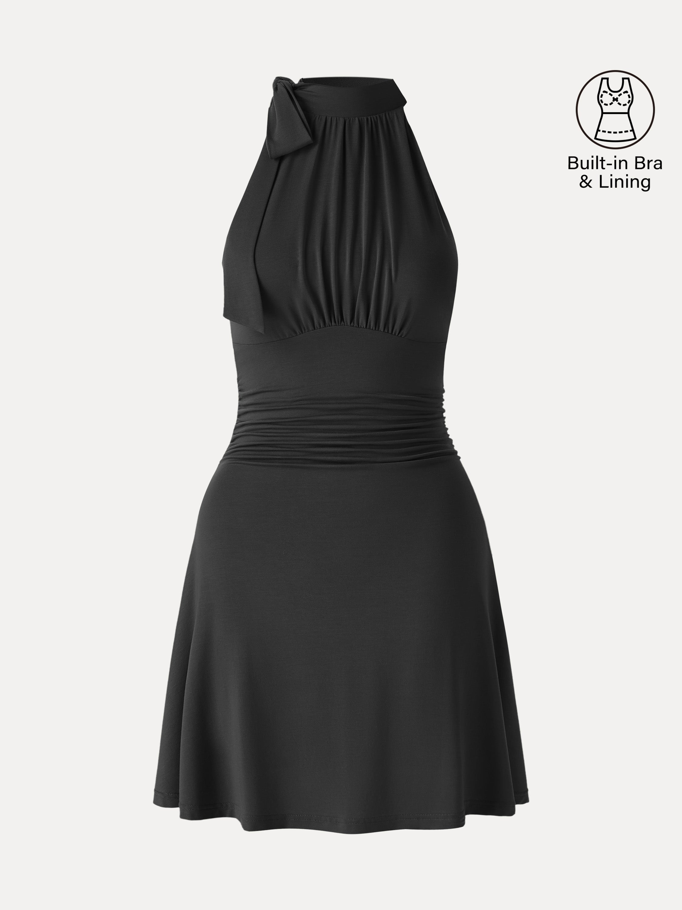 OGLmove Milky Matte Mockneck Bow Tie Ruched Mini Bra Dress