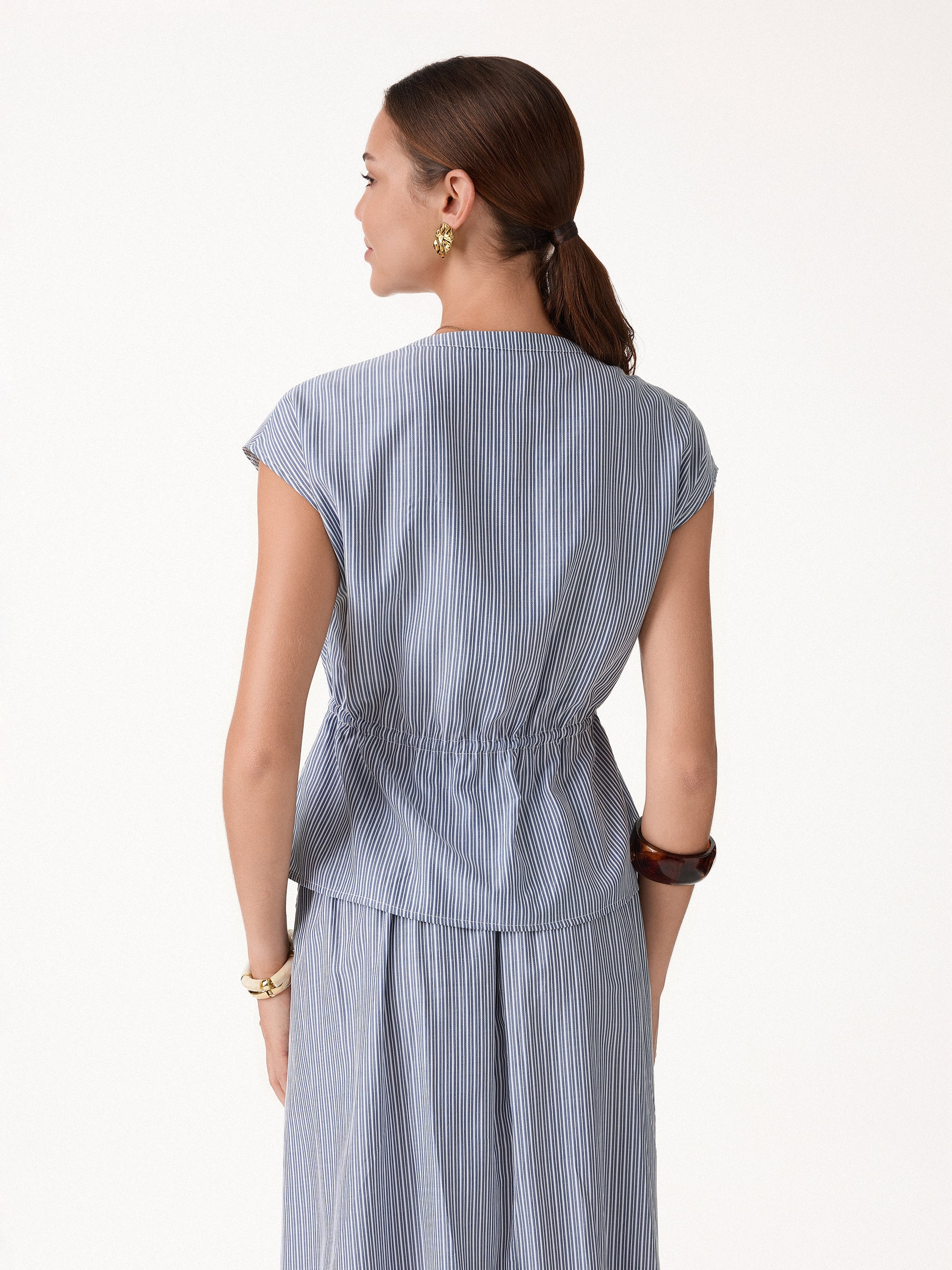 OGLmove Notched V-Neck Drawstring Waist Poplin Shirt