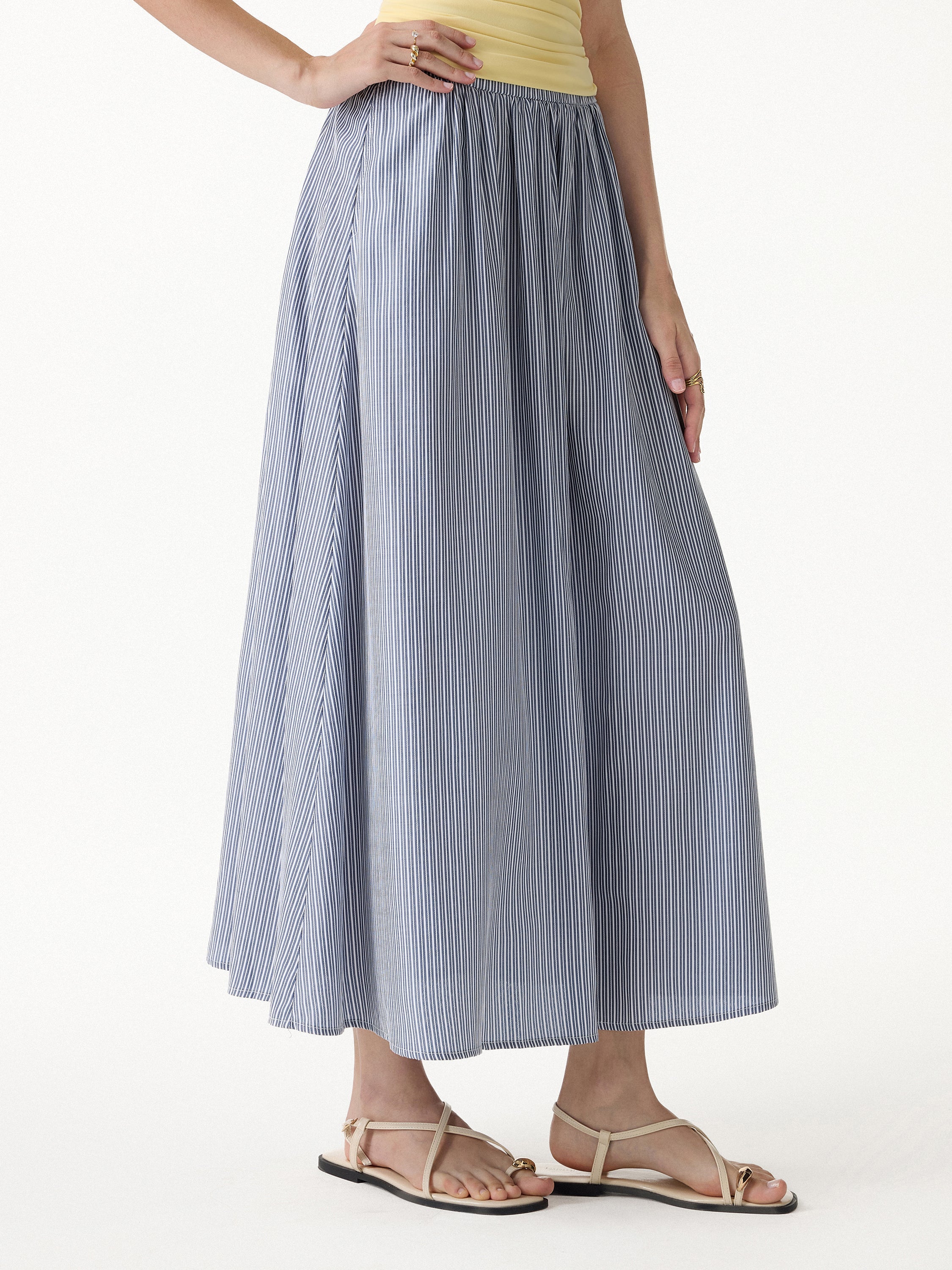 OGLmove Striped Poplin High Rise Umbrella Midi Skirt with Pockets