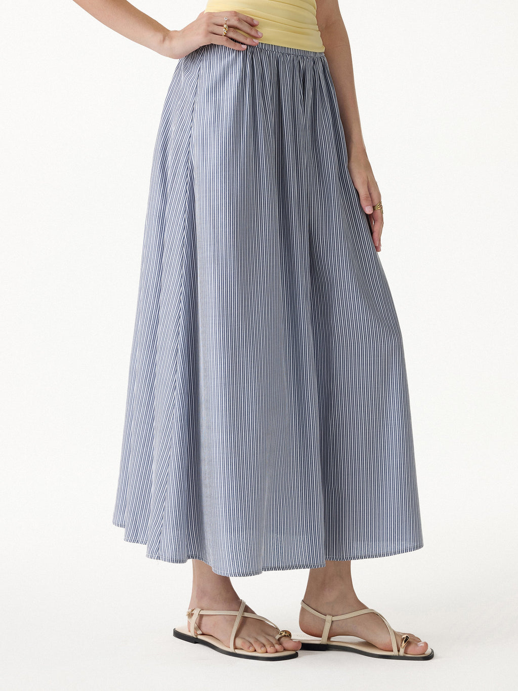OGLmove Striped Poplin High Rise Umbrella Midi Skirt with Pockets