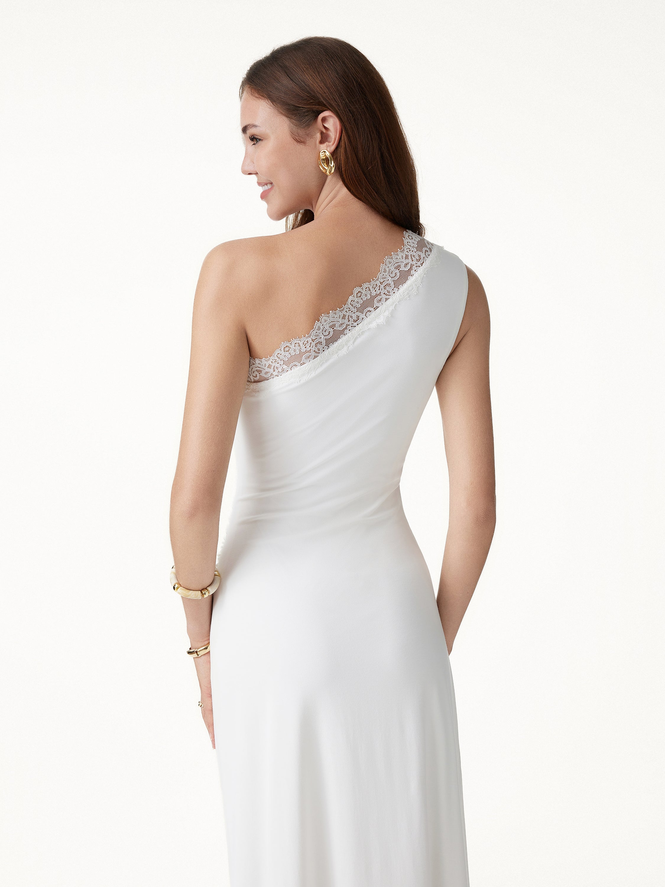 OGLmove Women's Lace Trim One Shoulder Ruched Bra Dress