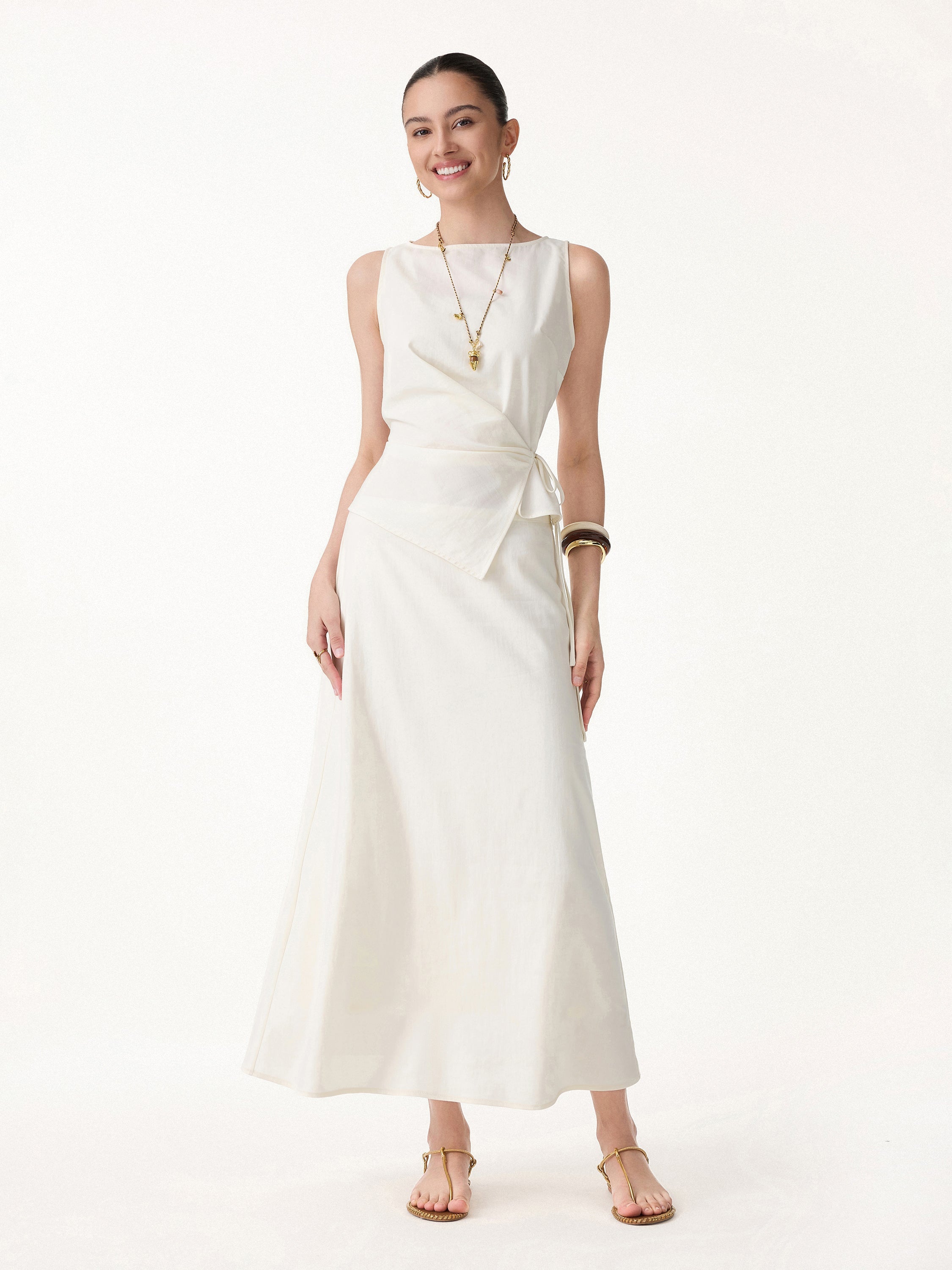 OGLmove Boatneck Waist-Defined Top & Maxi Flared Pull-On Skirt Set