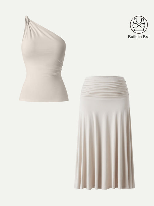 OGLmove 2-Piece One-Shoulder Twisted Bra and Ruched Midi Skirt