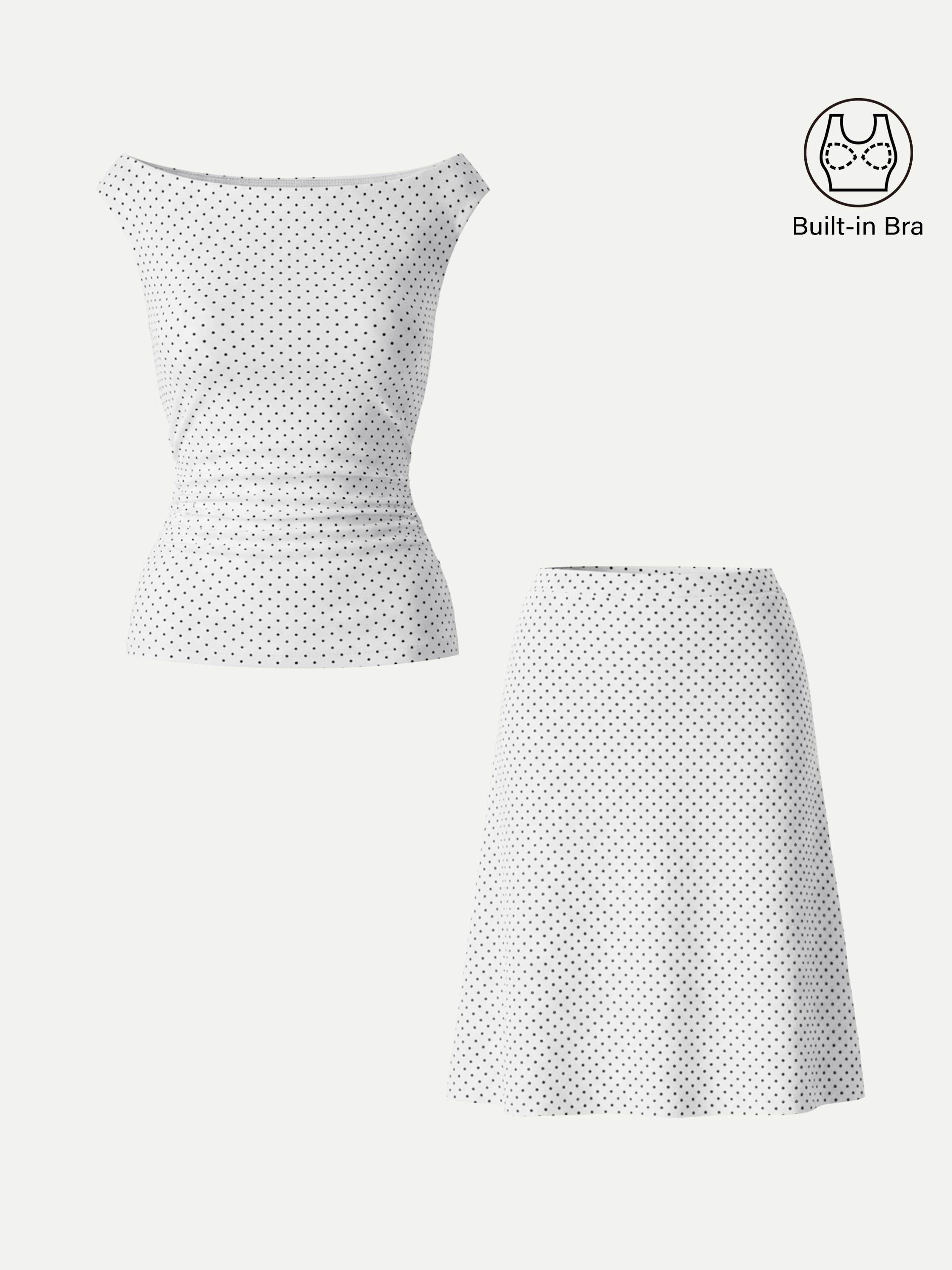 OGLmove Polka Dot Boatneck Bra Top & A-Line Flare Skirt Set