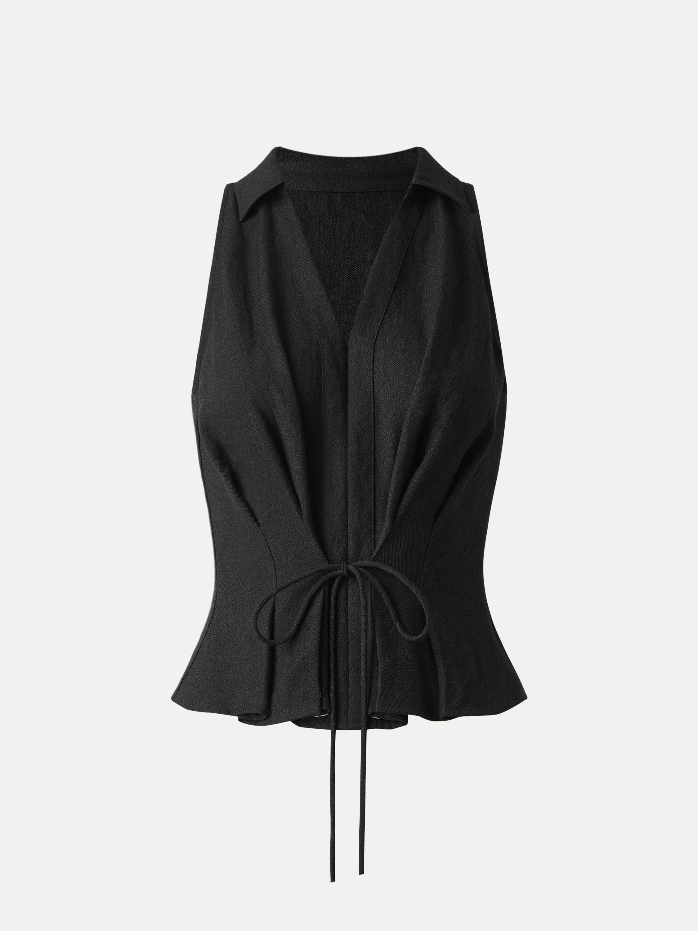 OGLmove Collared V-Neck Pleated Sleeveless Top with Drawstring