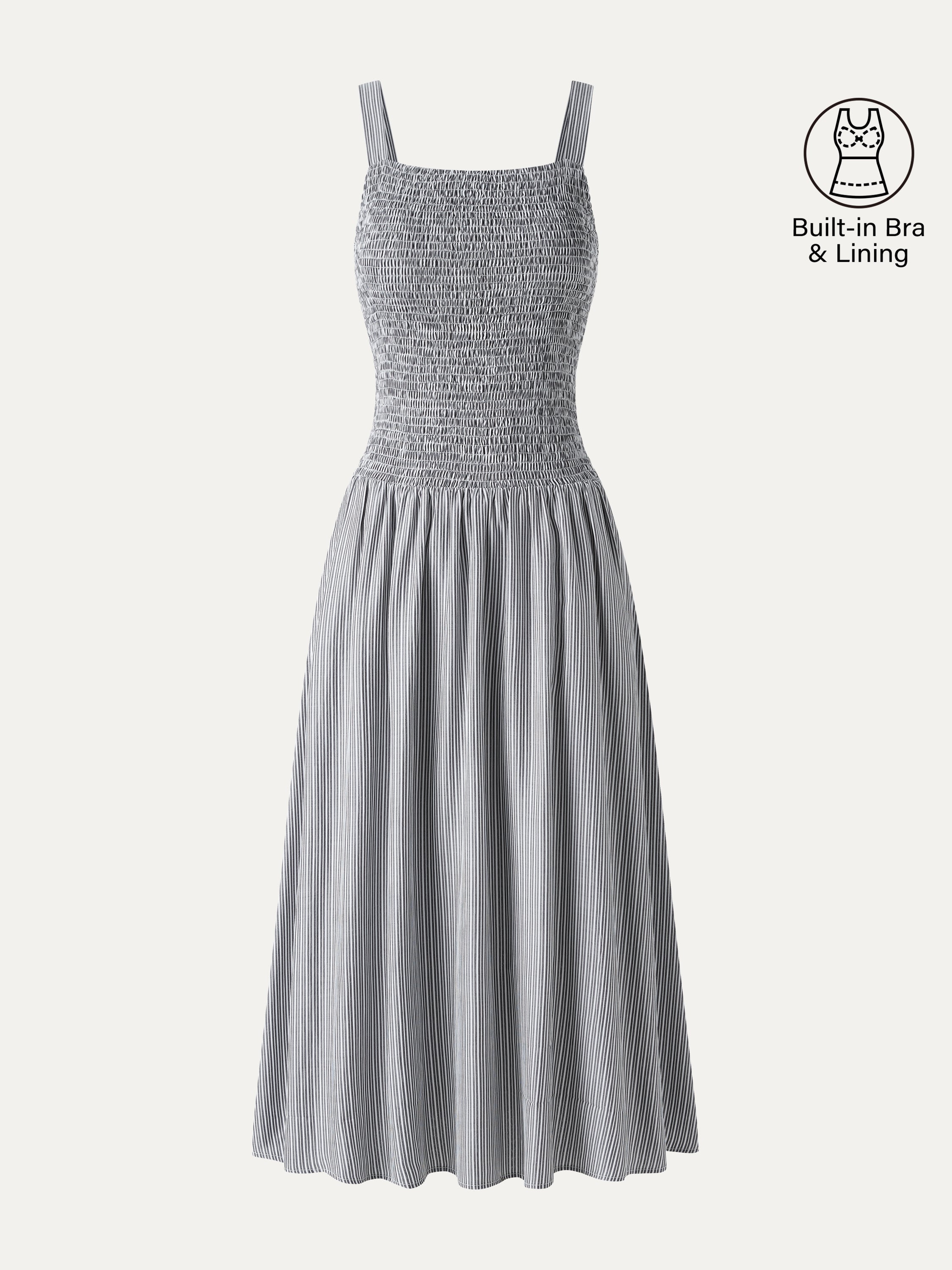 OGLmove Striped Poplin Square Neck Smocked Midi Bra Dress
