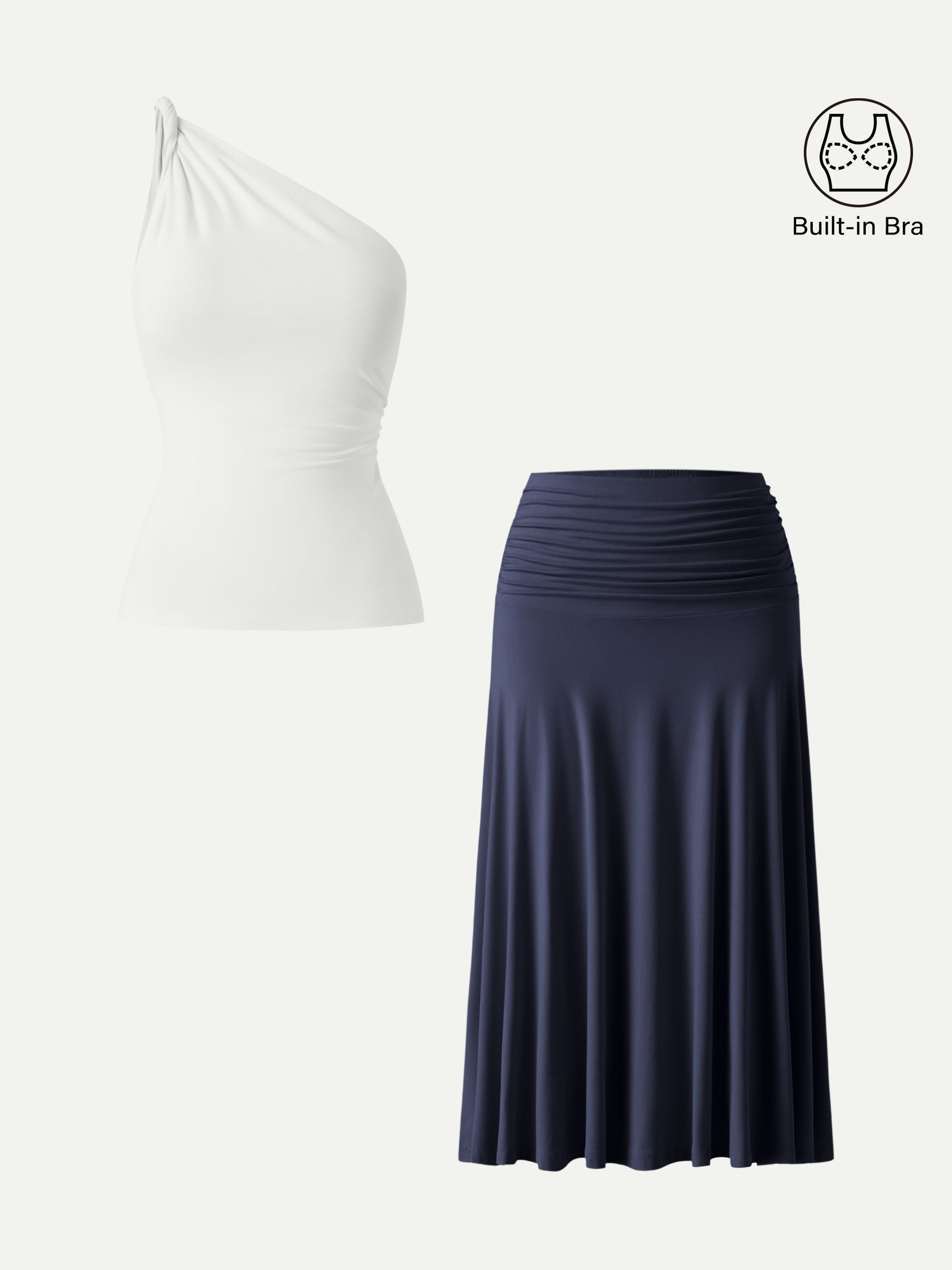 OGLmove 2-Piece One-Shoulder Twisted Bra and Ruched Midi Skirt