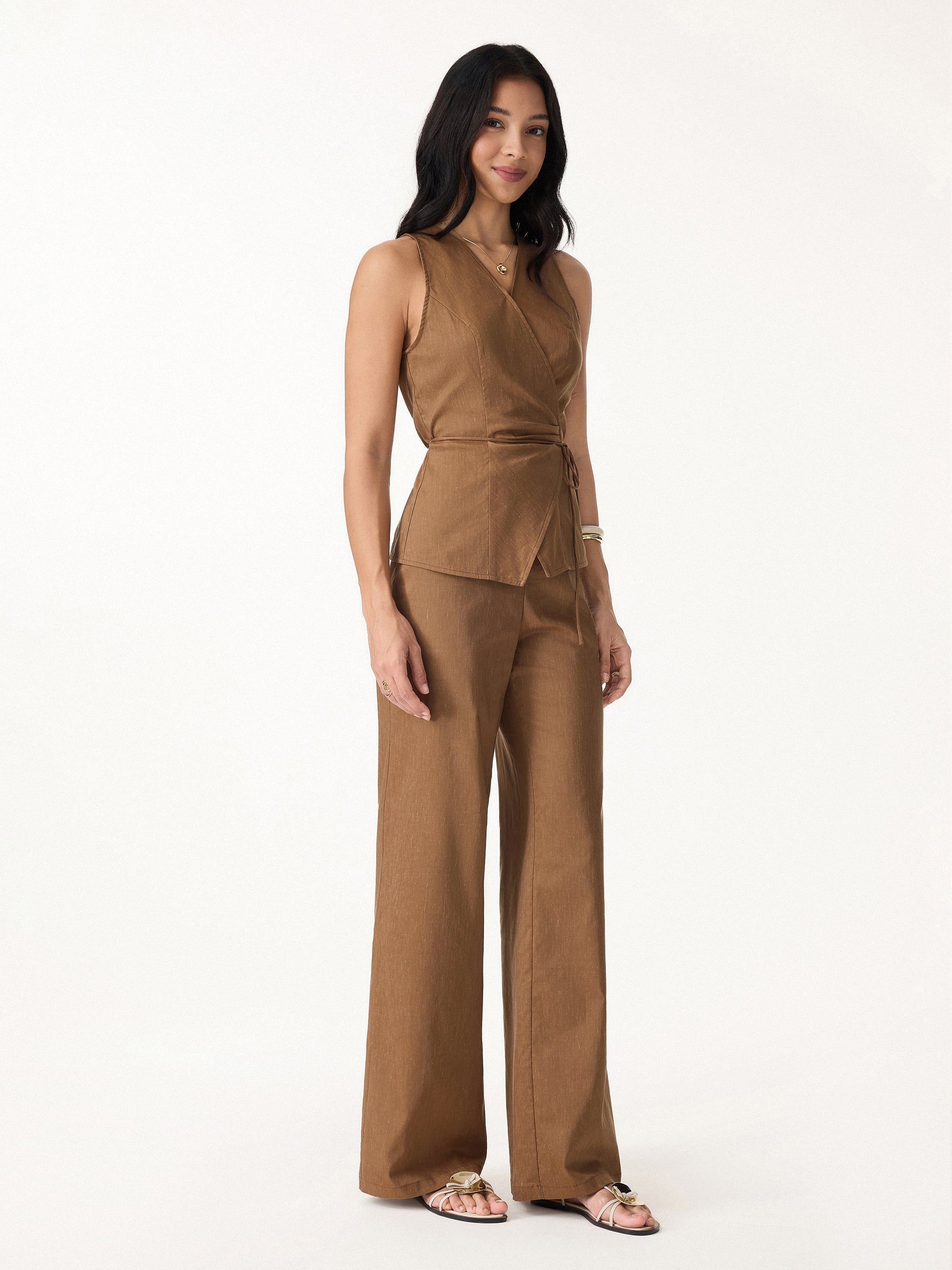 OGLmove 2Pcs Wrap Top and Wide Leg Pant Set with Pockets