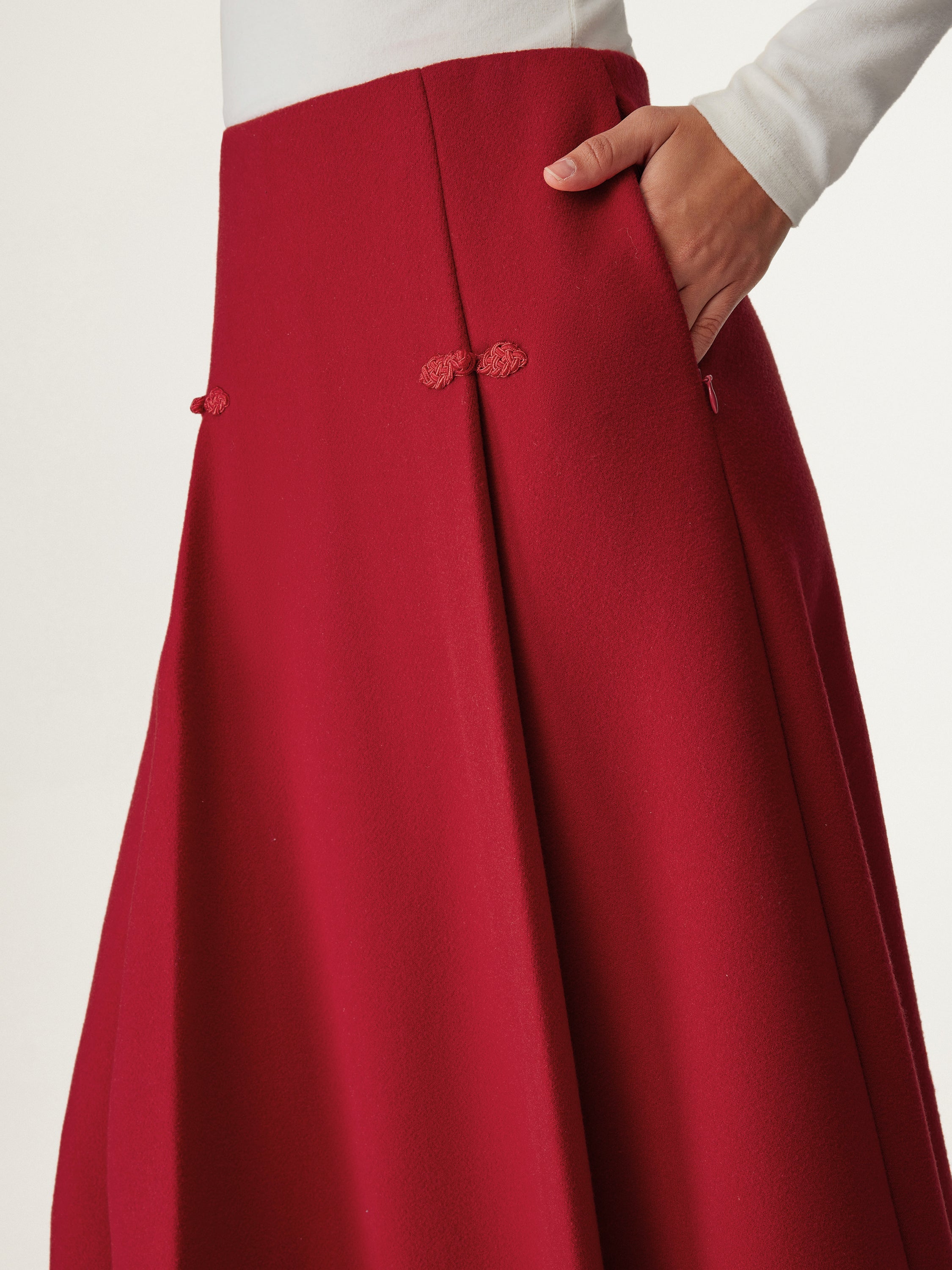 OGLmove Wool-Like Frog Button A-Line Midi Skirt