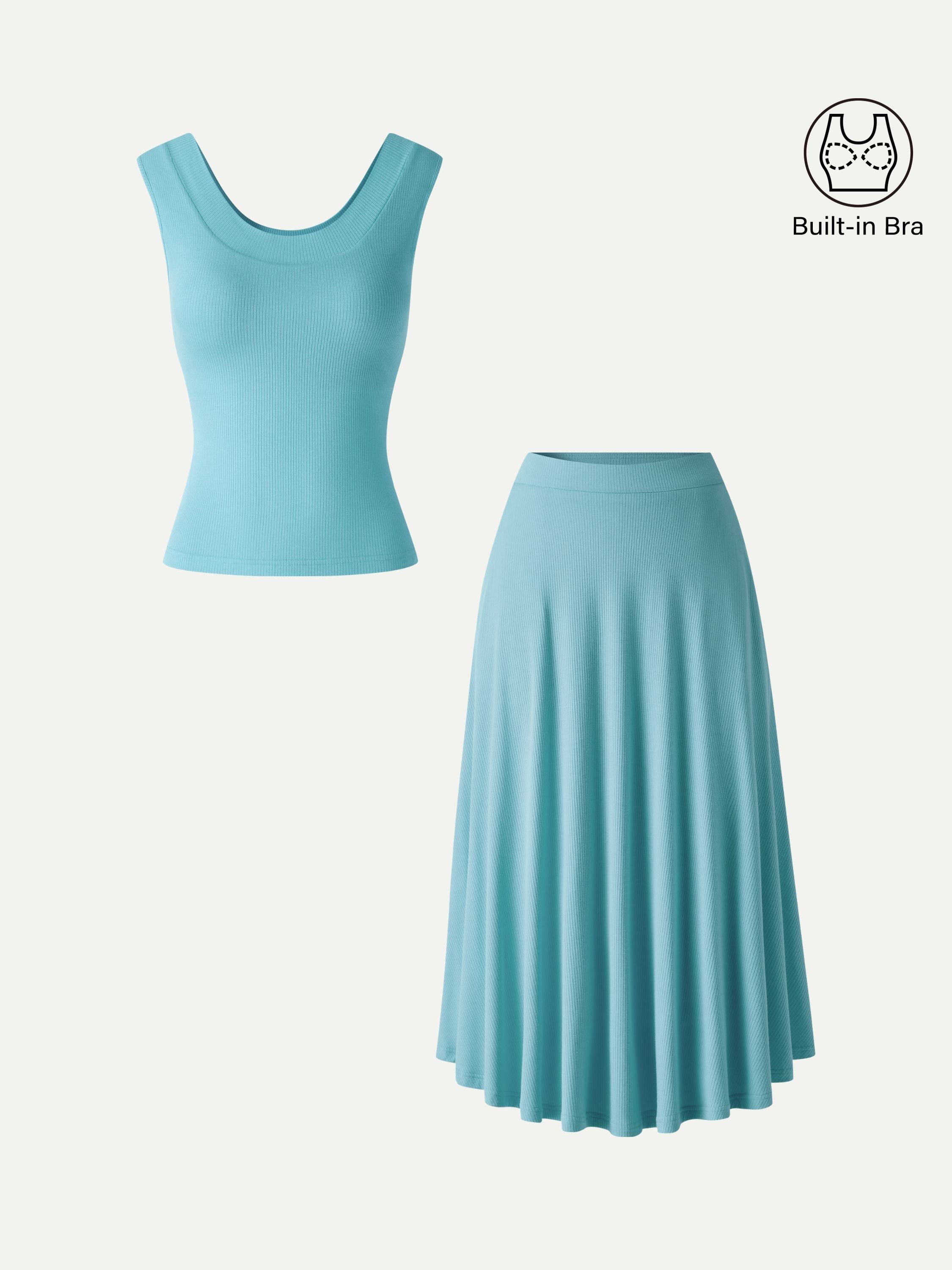 OGLmove U-Neck Bra Tank & Midi Skirt Set with Pockets