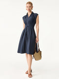 OGLmove Viscose-Linen Collared V-Neck Midi Dress with Drawstring